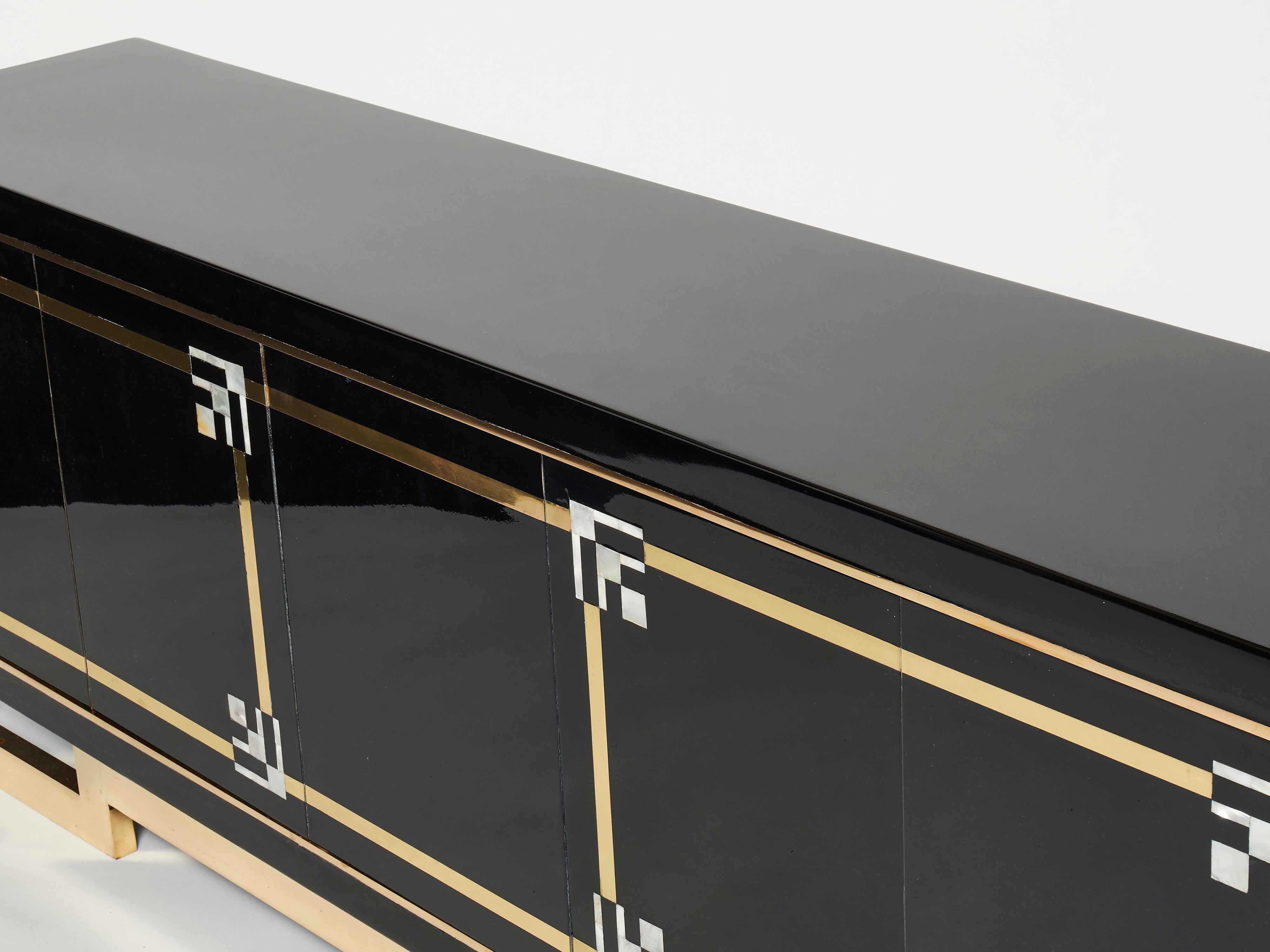 Sideboard Brass Black Lacquered Shell Inlays 1970s in the style of Maison Jansen For Sale 3