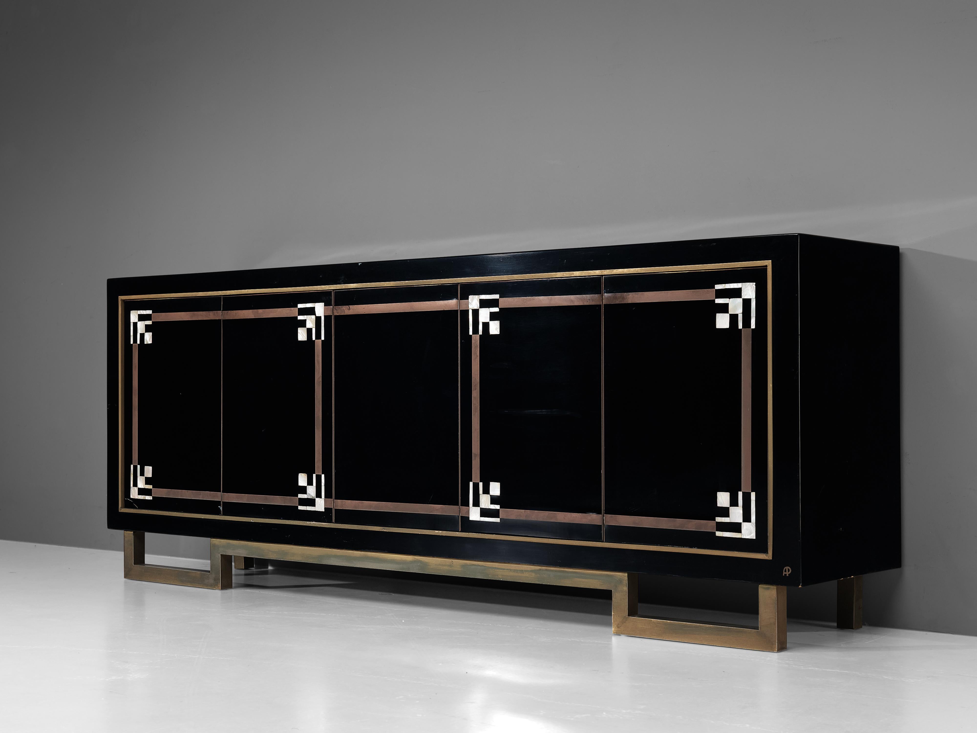 Antonio Pavia for Maison Jansen, sideboard, lacquered wood, brass, mother-of-pearl inlay, France, 1970s. 

Elegant French Maison Jansen cabinet designed by Italian designer Antonio Pavia. Only a few furniture pieces are known from Pavia's hand as