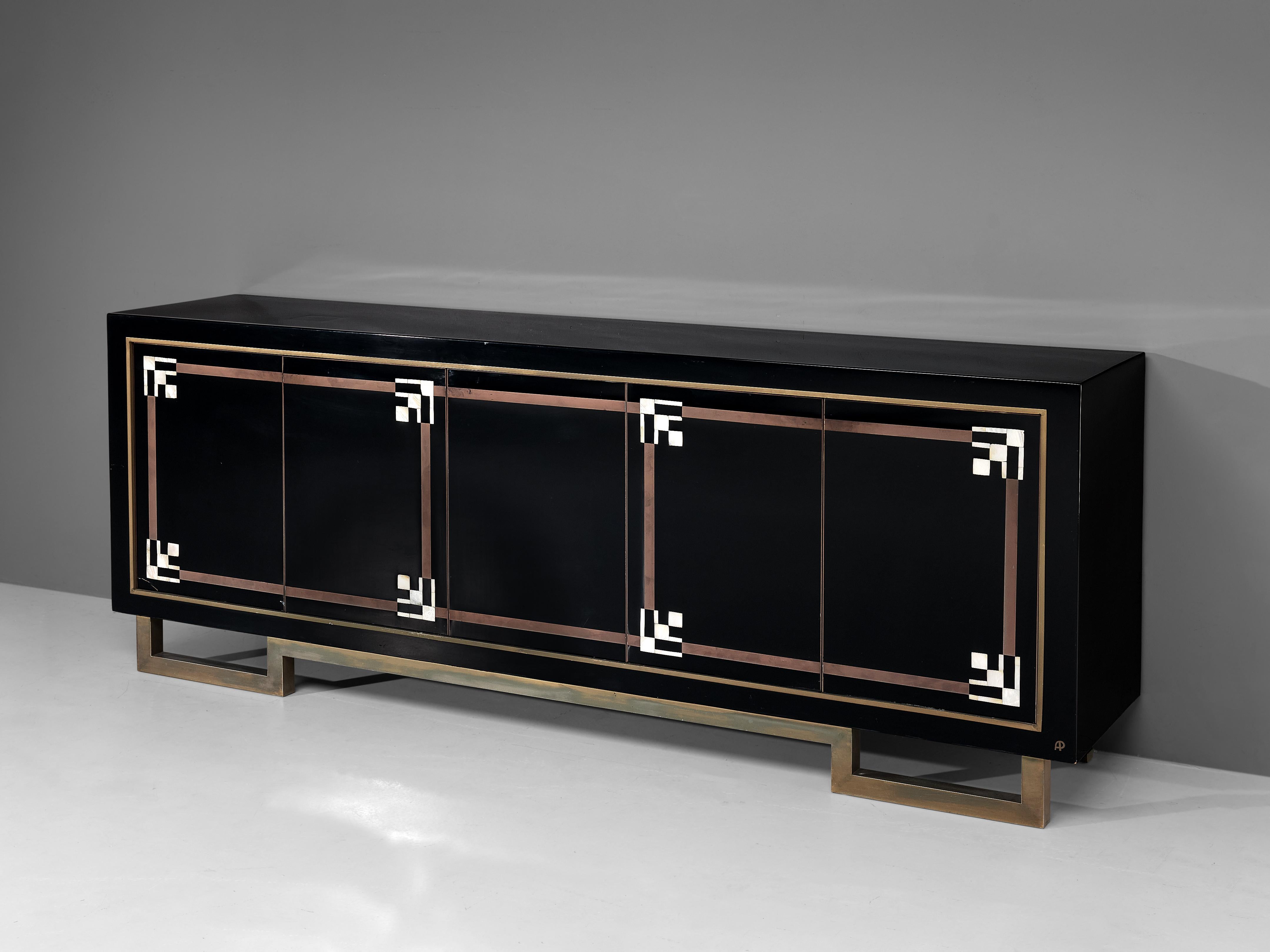French Maison Jansen Sideboard in Lacquered Wood and Brass