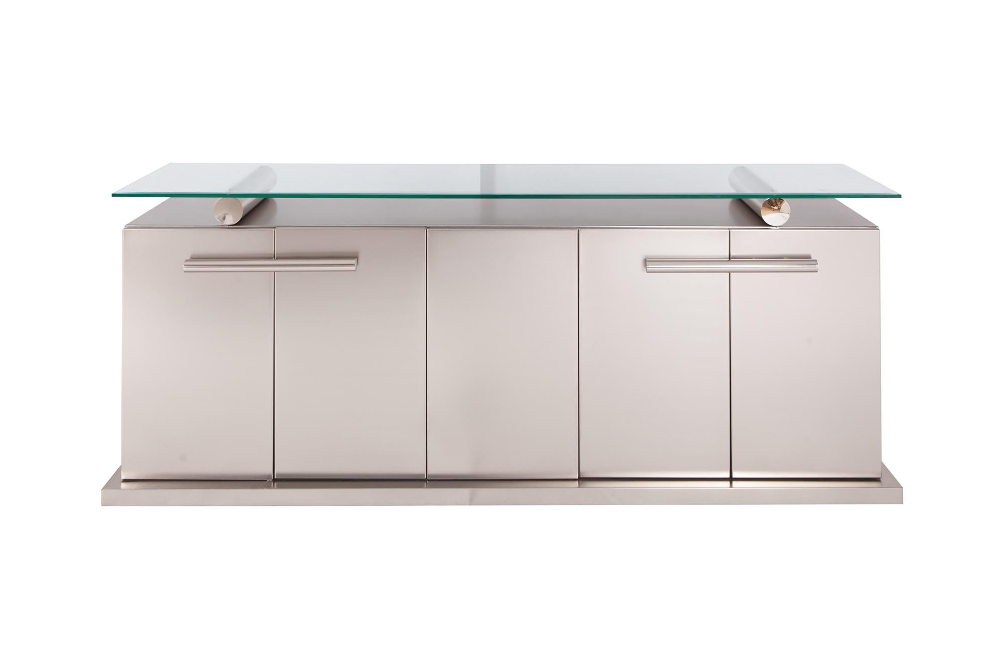 Maison Jansen Sideboard with Floating Glass in Brushed Stainless Steel   4
