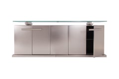 Maison Jansen Sideboard with Floating Glass in Brushed Stainless Steel