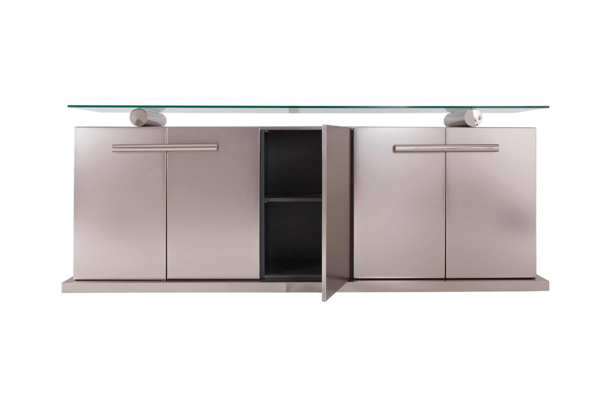Mid-Century Modern Maison Jansen Sideboard with Floating Glass in Brushed Stainless Steel  