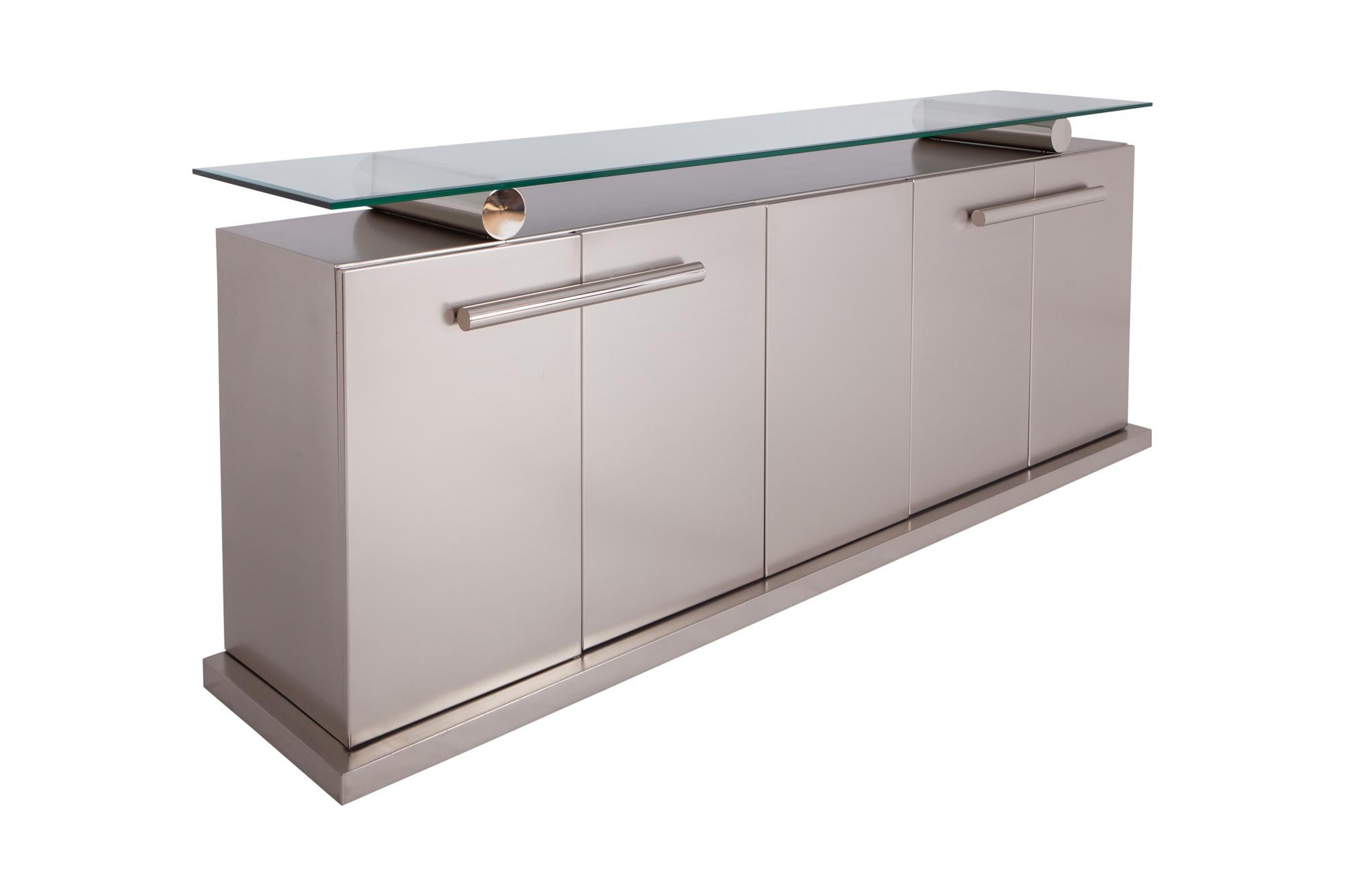 French Maison Jansen Sideboard with Floating Glass in Brushed Stainless Steel  
