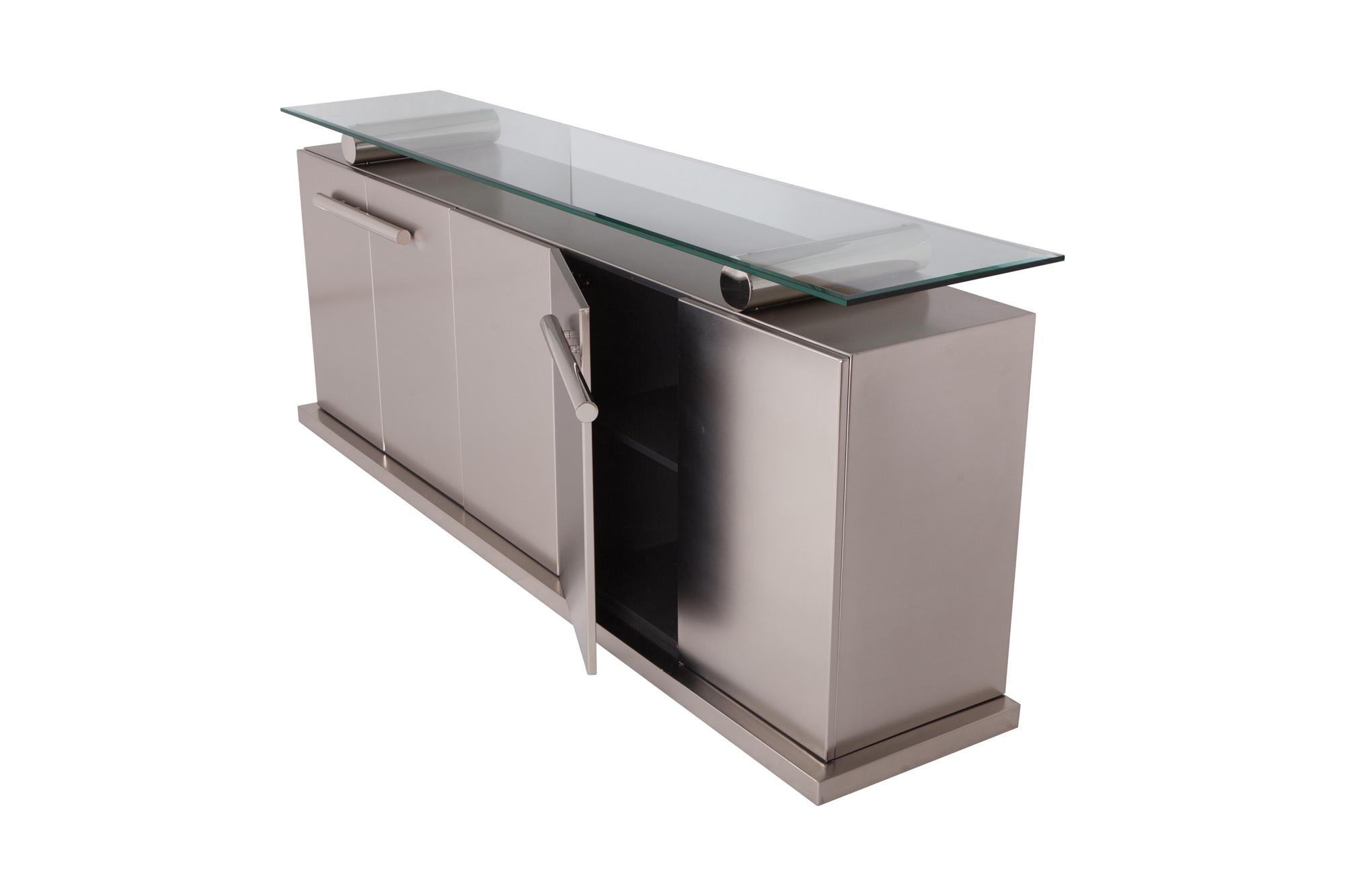 Maison Jansen Sideboard with Floating Glass in Brushed Stainless Steel   2