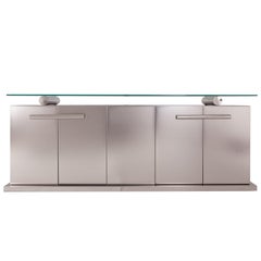 Maison Jansen Sideboard with Floating Glass in Brushed Stainless Steel  