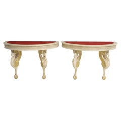 Vintage Maison Jansen Signed French Empire Hollywood Regency Swan Console Table Pair 