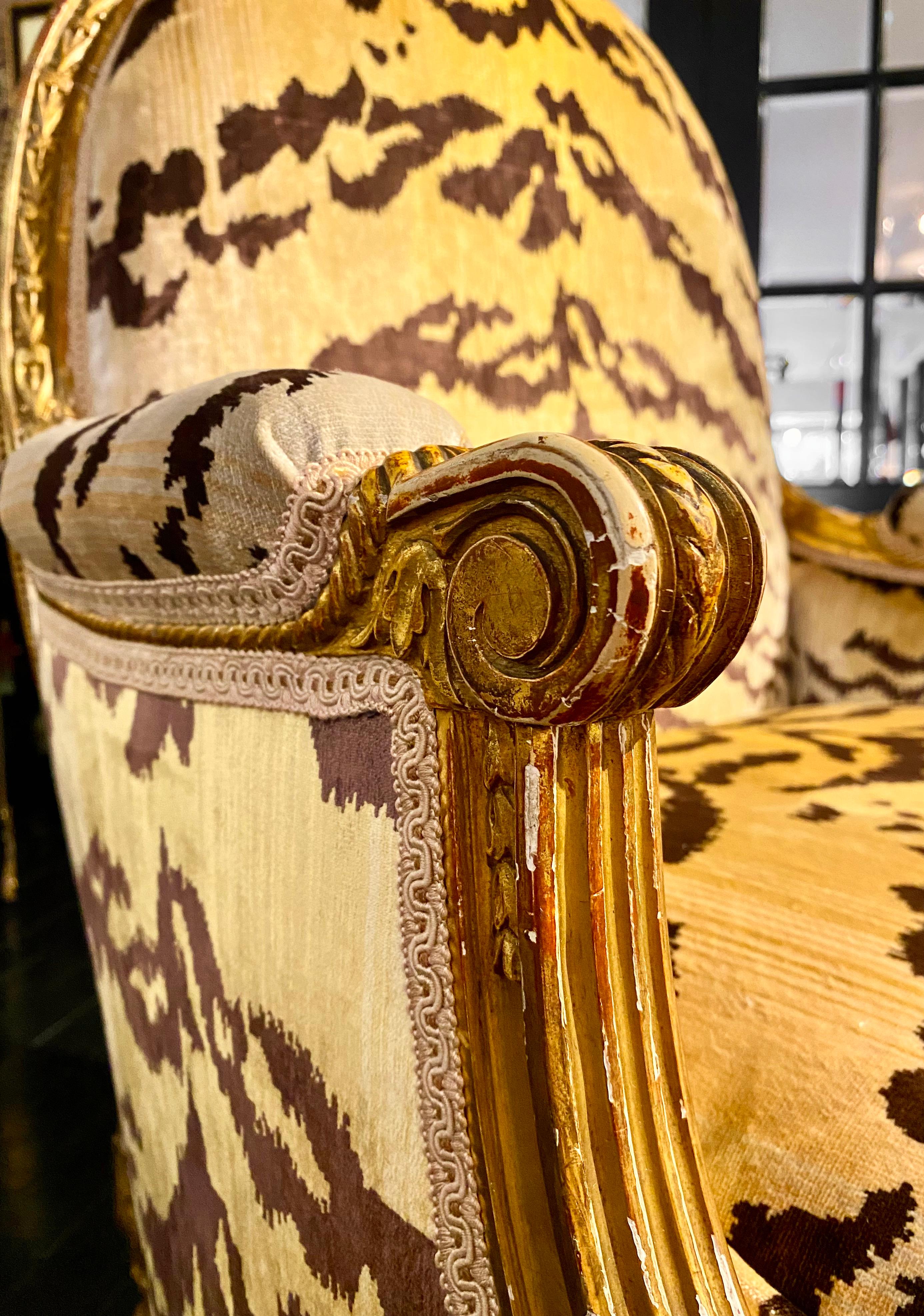 Maison Jansen Signed, Louis XVI Style Giltwood Bergère, TIger Silk Velvet For Sale 6
