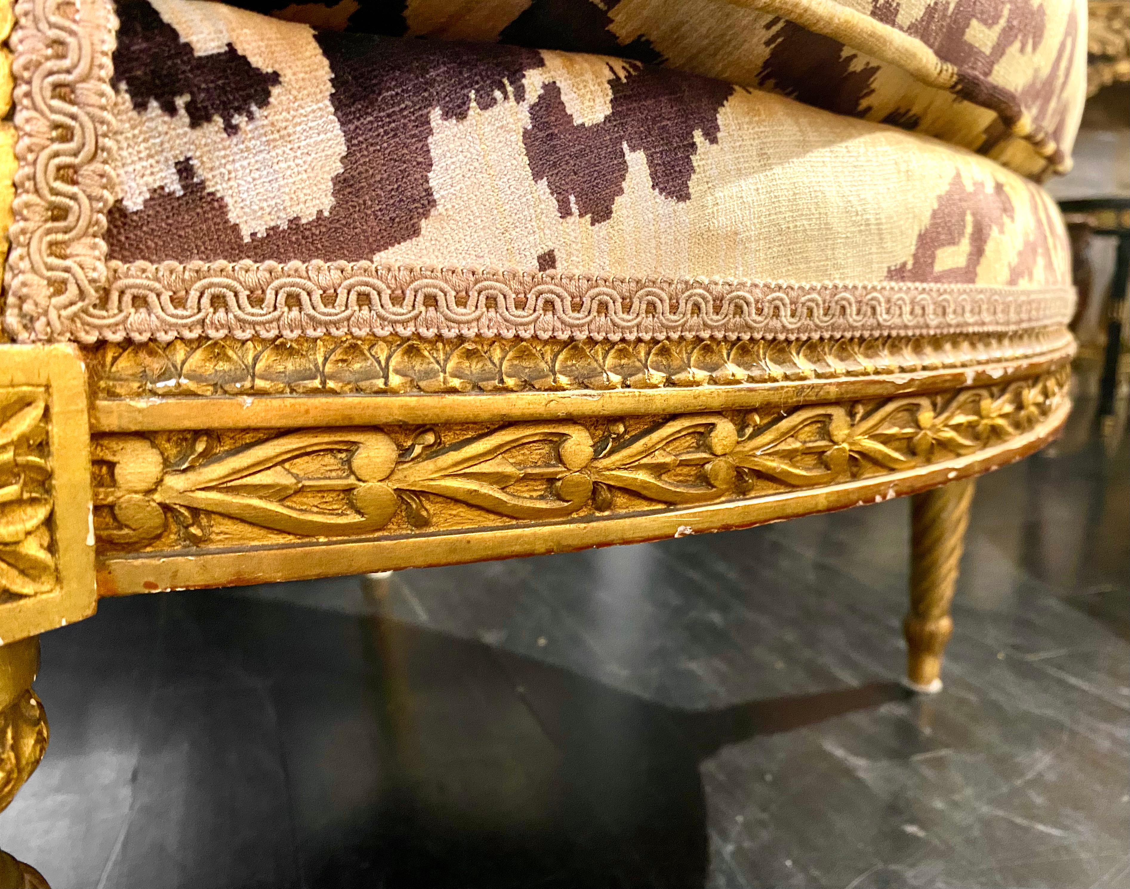 Maison Jansen Signed, Louis XVI Style Giltwood Bergère, TIger Silk Velvet For Sale 8