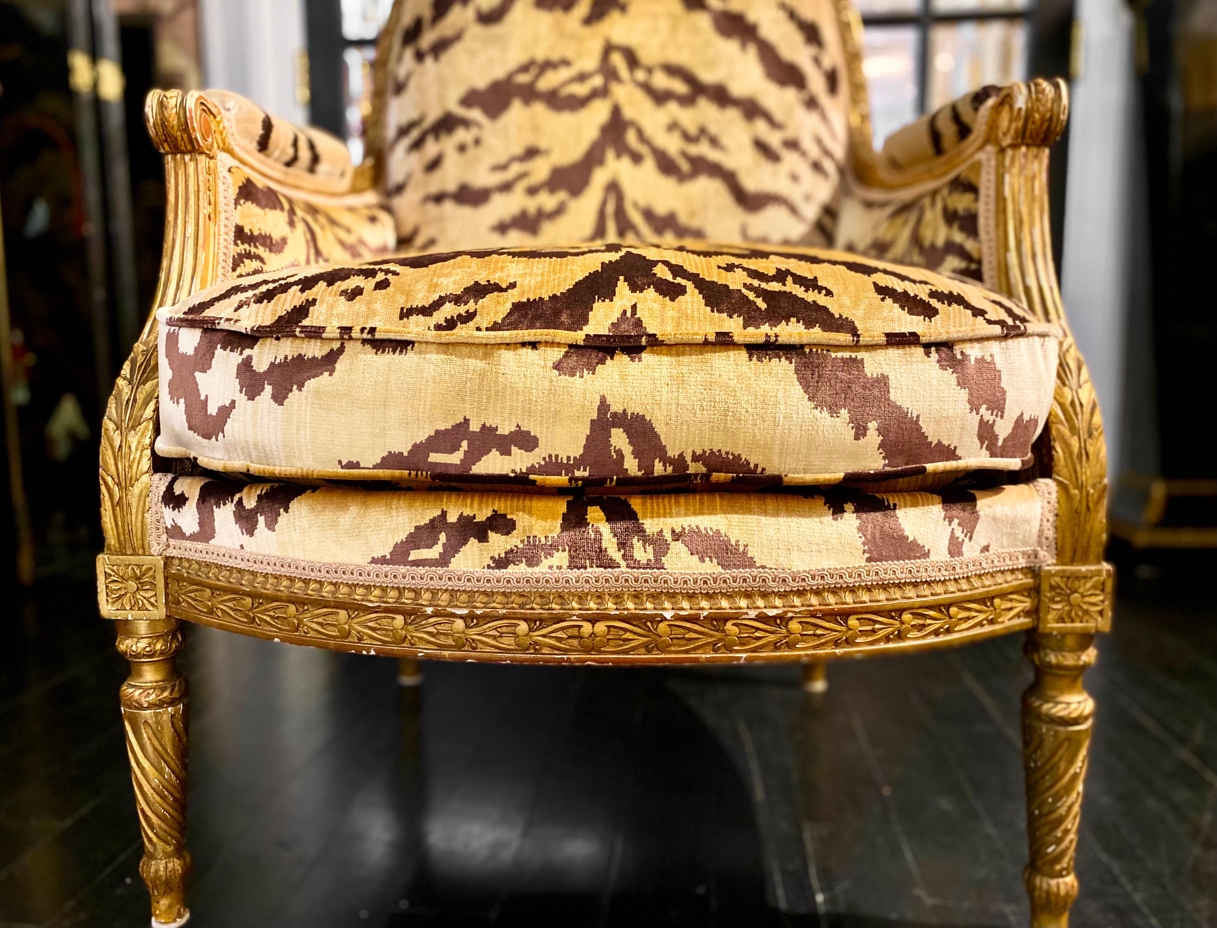 Maison Jansen Signed, Louis XVI Style Giltwood Bergère, TIger Silk Velvet For Sale 10