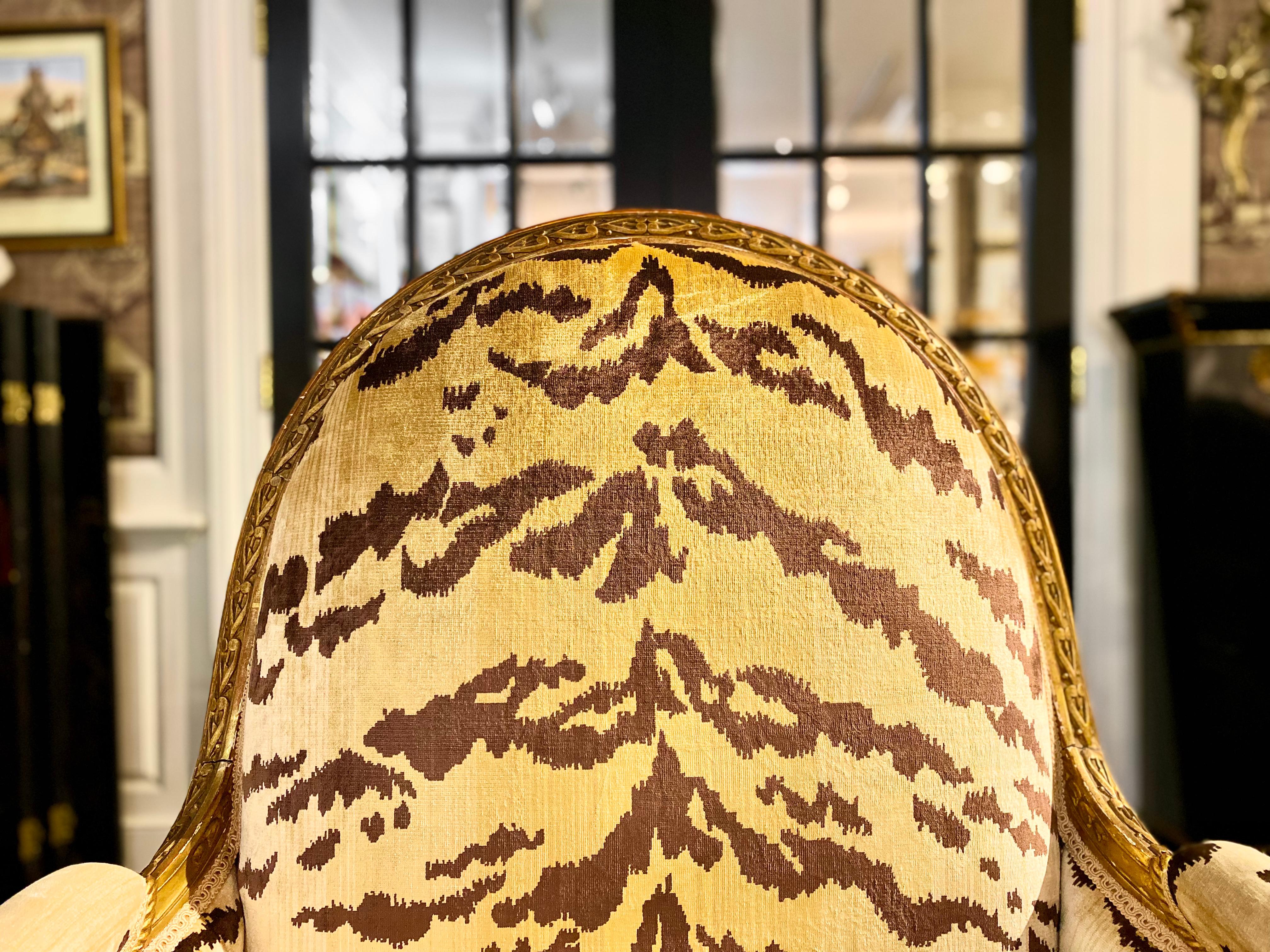 Maison Jansen Signed, Louis XVI Style Giltwood Bergère, TIger Silk Velvet For Sale 11
