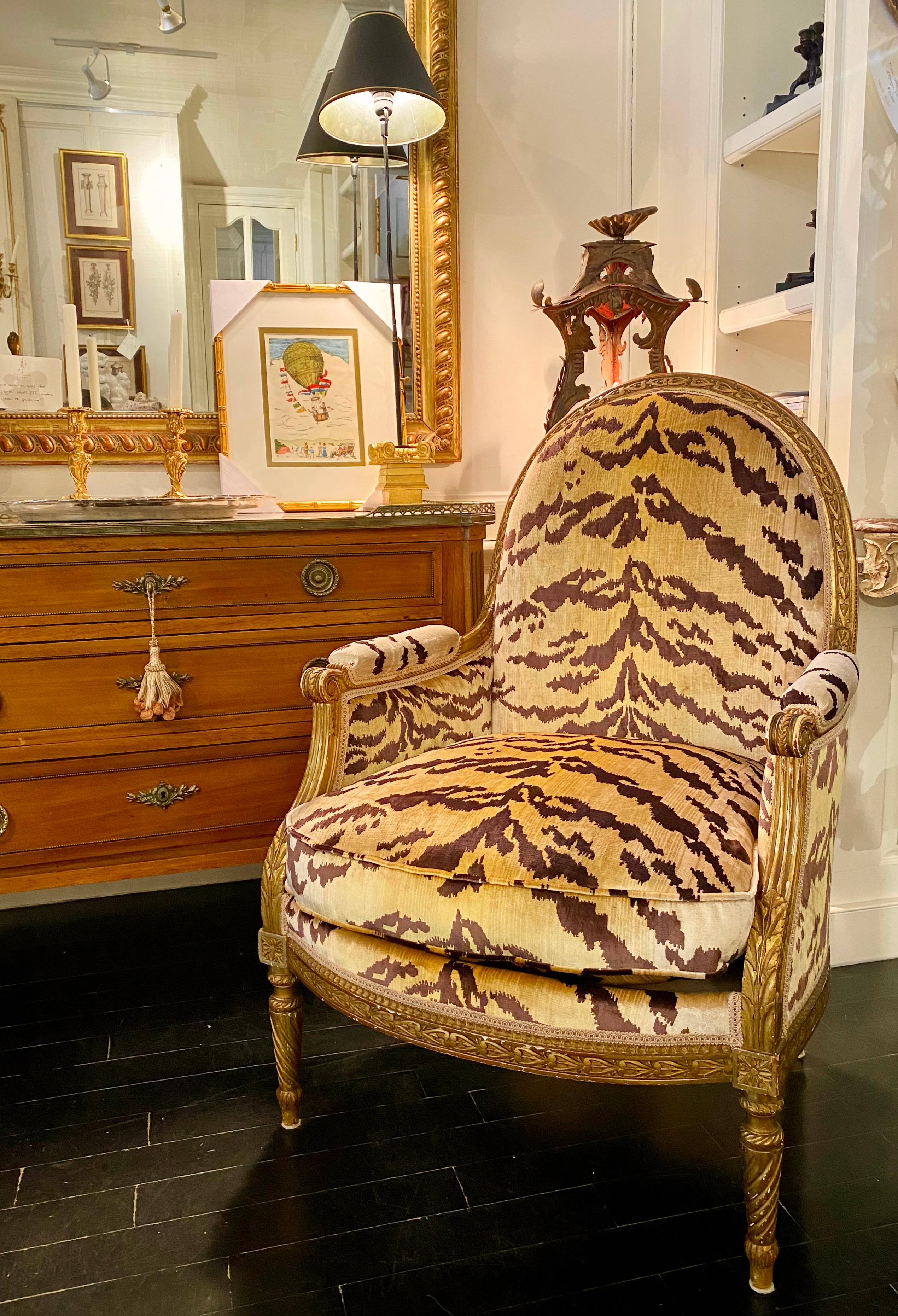 Maison Jansen Signed, Louis XVI Style Giltwood Bergère armchair, Scalamandré 