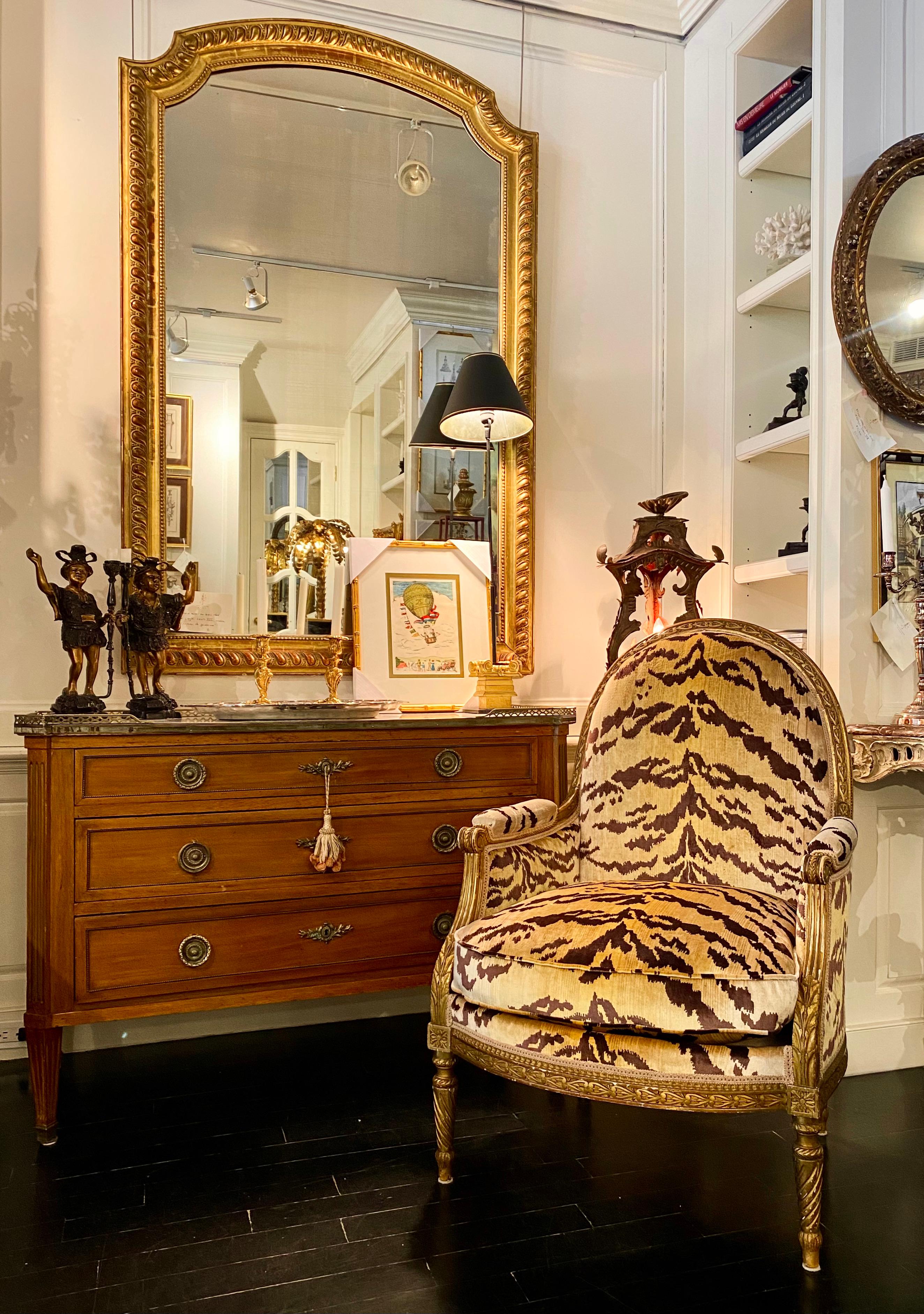 Maison Jansen Signed, Louis XVI Style Giltwood Bergère, TIger Silk Velvet For Sale 15