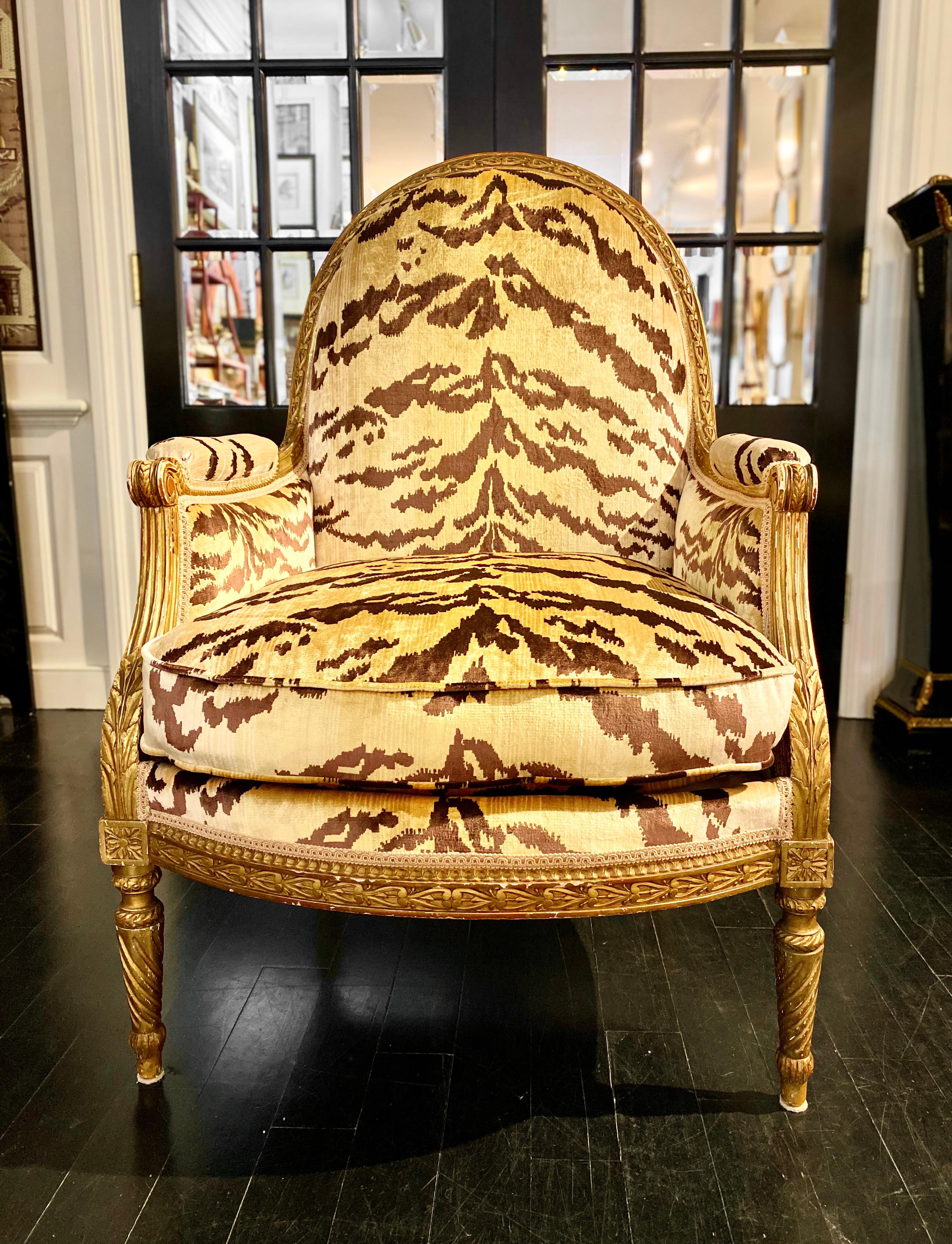 French Maison Jansen Signed, Louis XVI Style Giltwood Bergère, TIger Silk Velvet For Sale