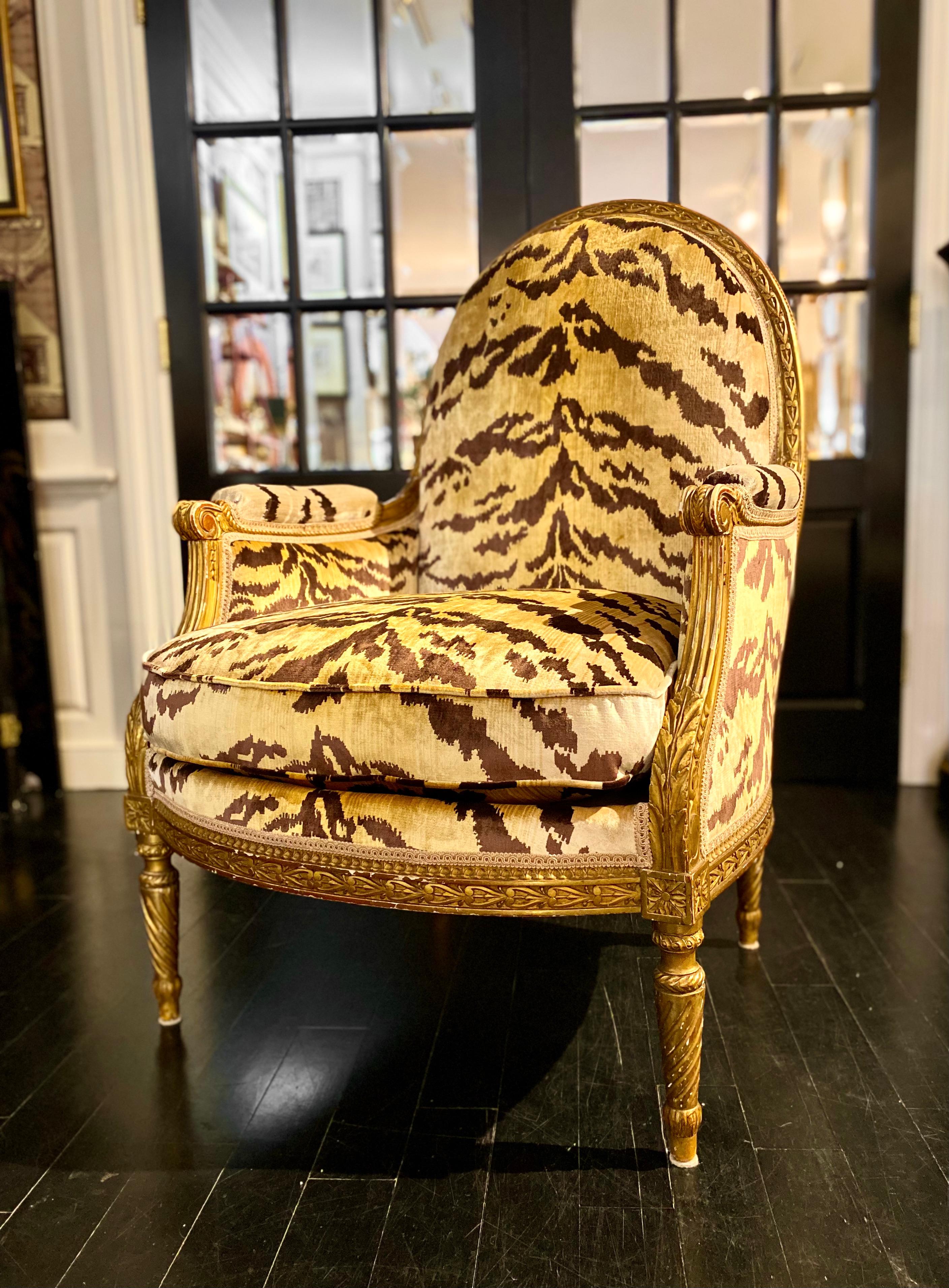 Maison Jansen Signed, Louis XVI Style Giltwood Bergère, TIger Silk Velvet For Sale 1