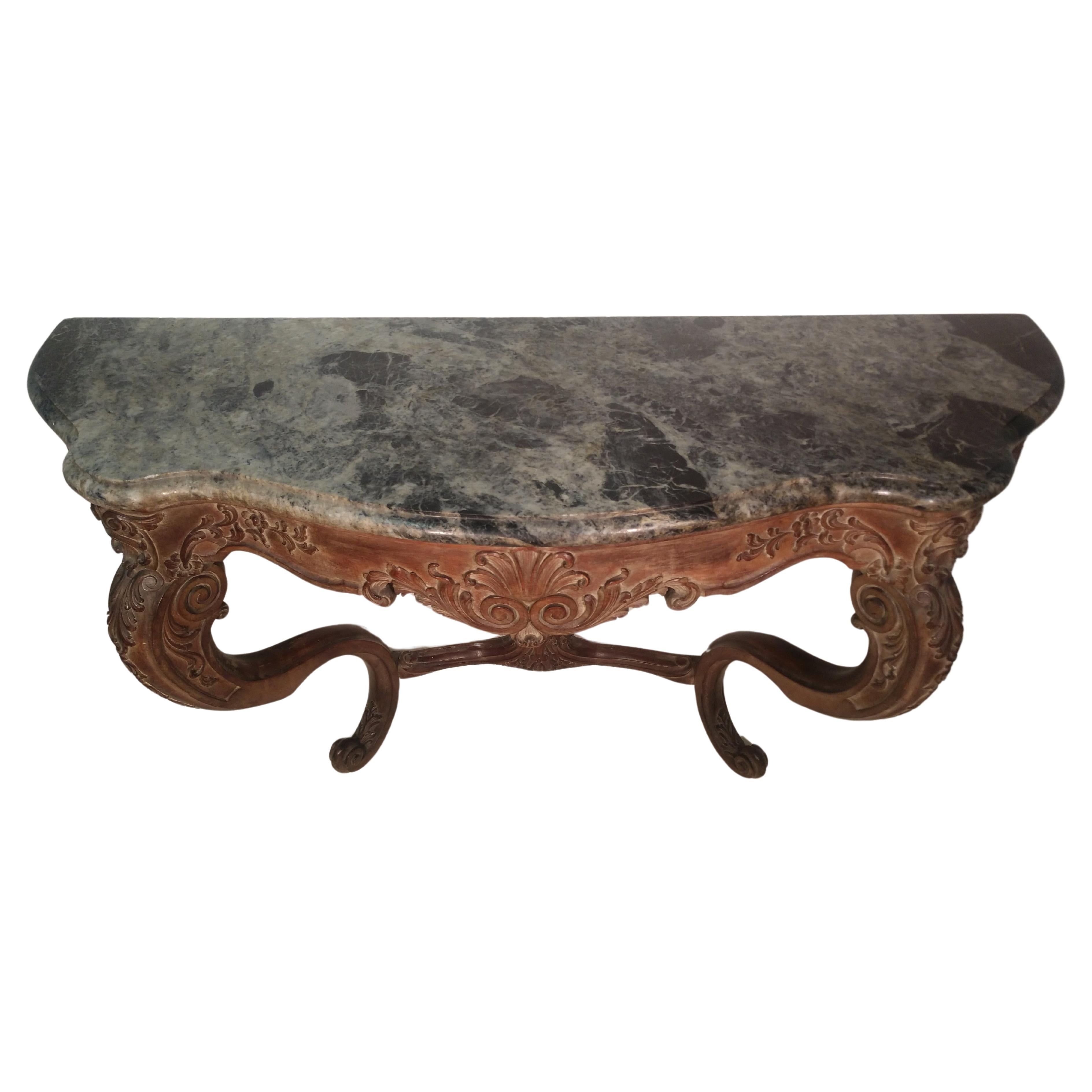 Maison Jansen Mesa consola de servidor tallada rococó firmada con tapa de mármol serpentina Rococó en venta