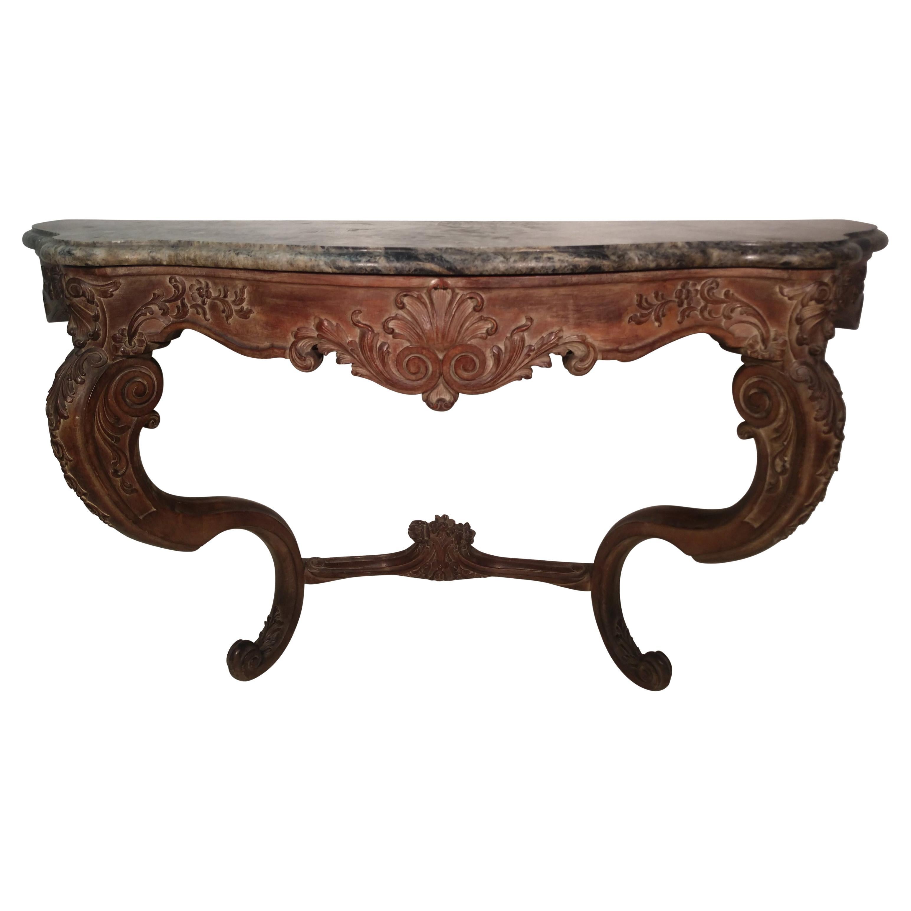 Maison Jansen Signed Rococo Carved Server Console Table w Serpentine Marble Top