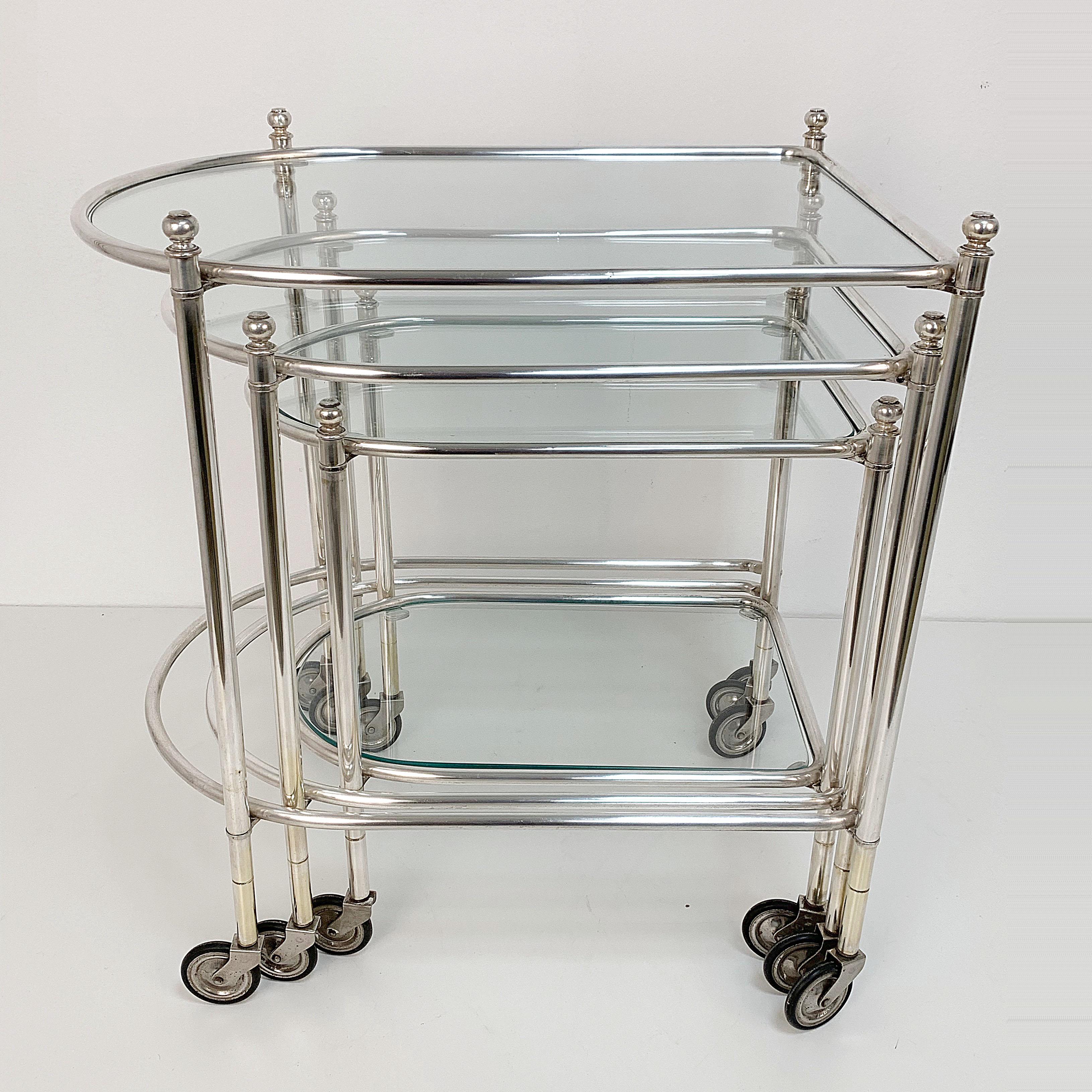 Maison Jansen Silver Plated Brass, Rolling Nesting Tables with Wheels, France For Sale 3