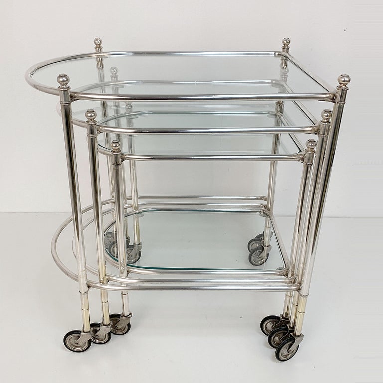 Maison Jansen Silver Plated Brass, Rolling Nesting Tables with Wheels