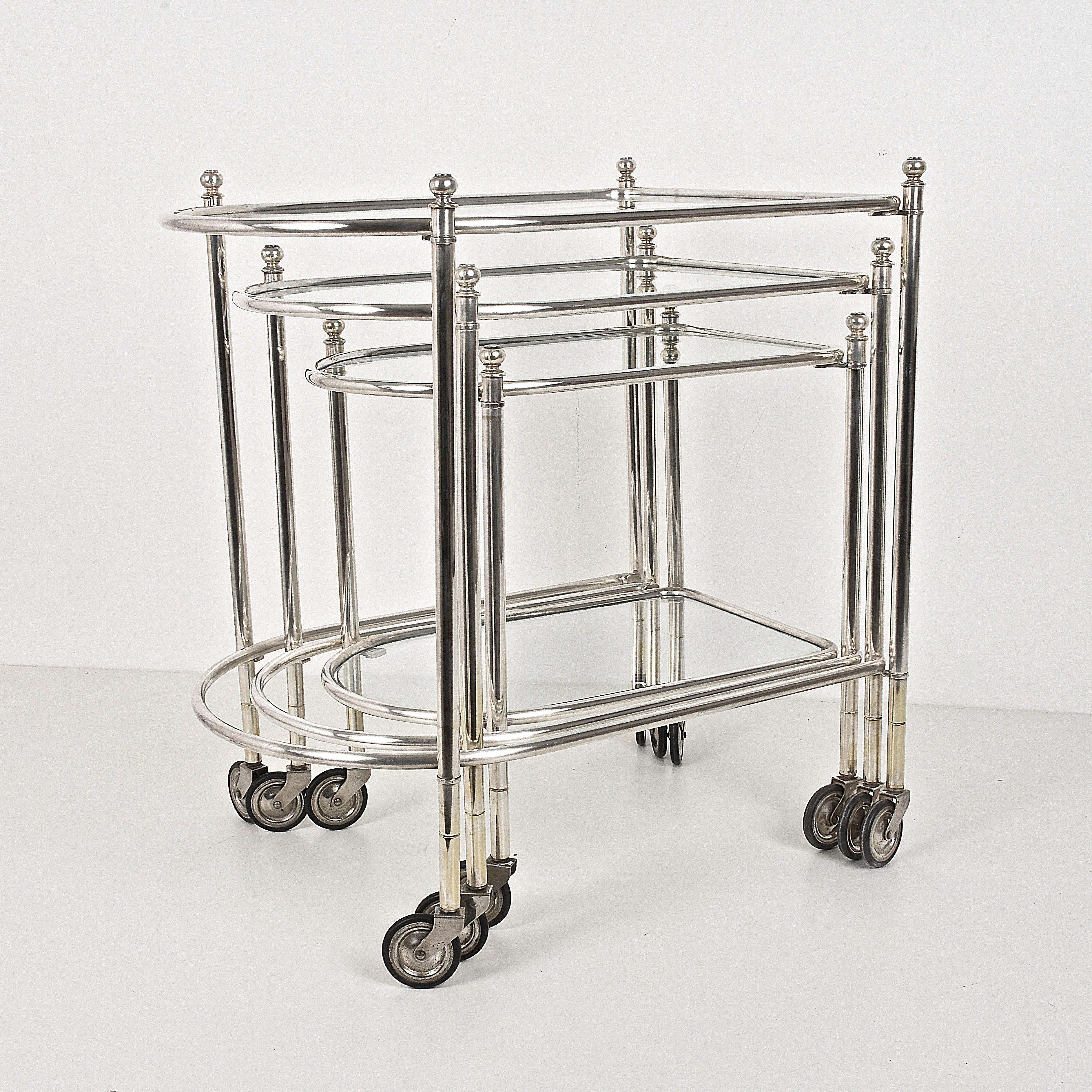 Maison Jansen Silver Plated Brass, Rolling Nesting Tables with Wheels, France For Sale 7