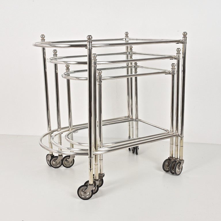 Maison Jansen Silver Plated Brass, Rolling Nesting Tables with Wheels