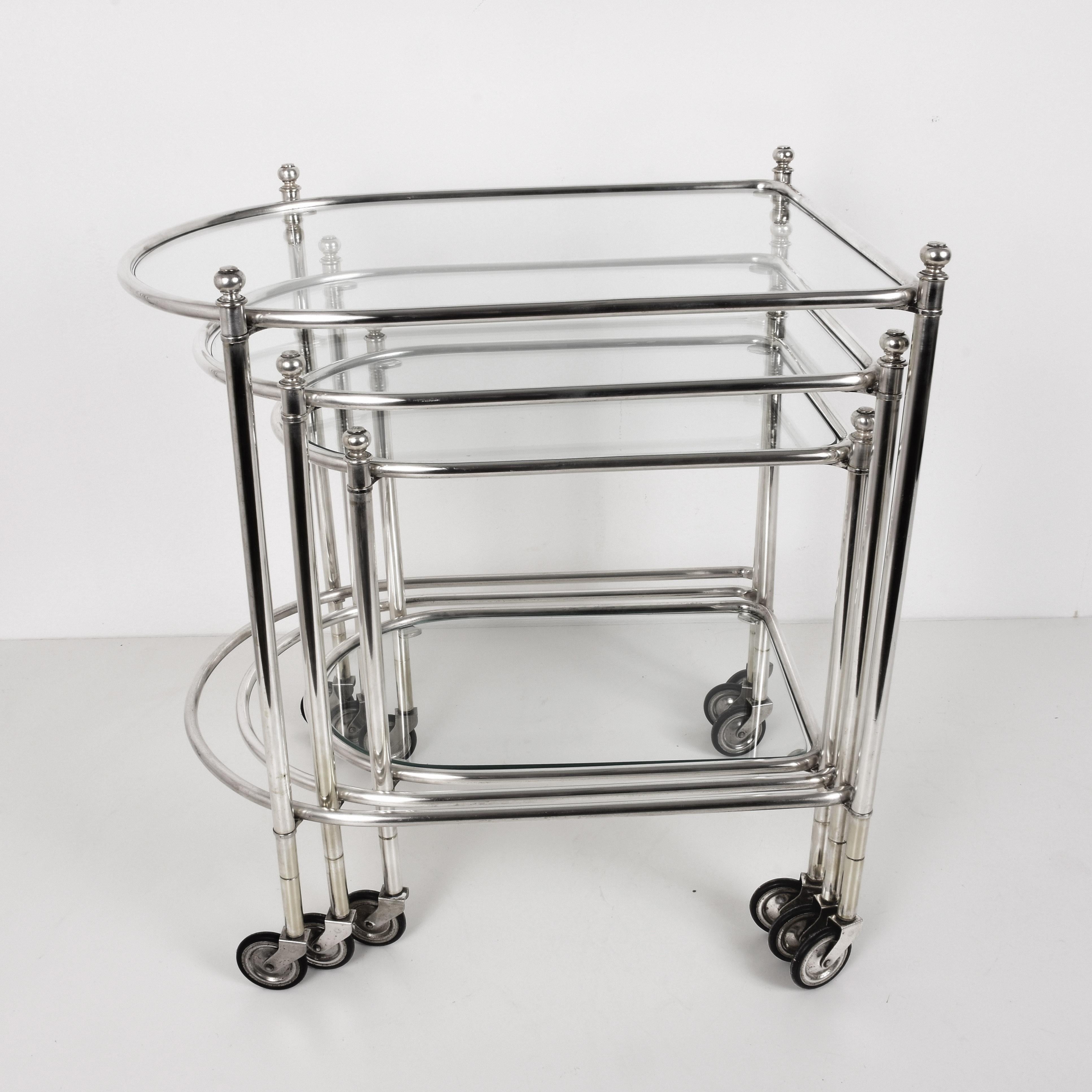 Maison Jansen Silver Plated Brass, Rolling Nesting Tables with Wheels, France For Sale 8
