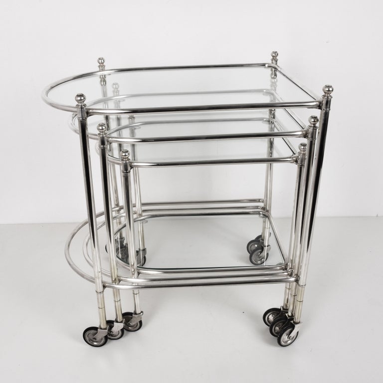 Maison Jansen Silver Plated Brass, Rolling Nesting Tables with Wheels