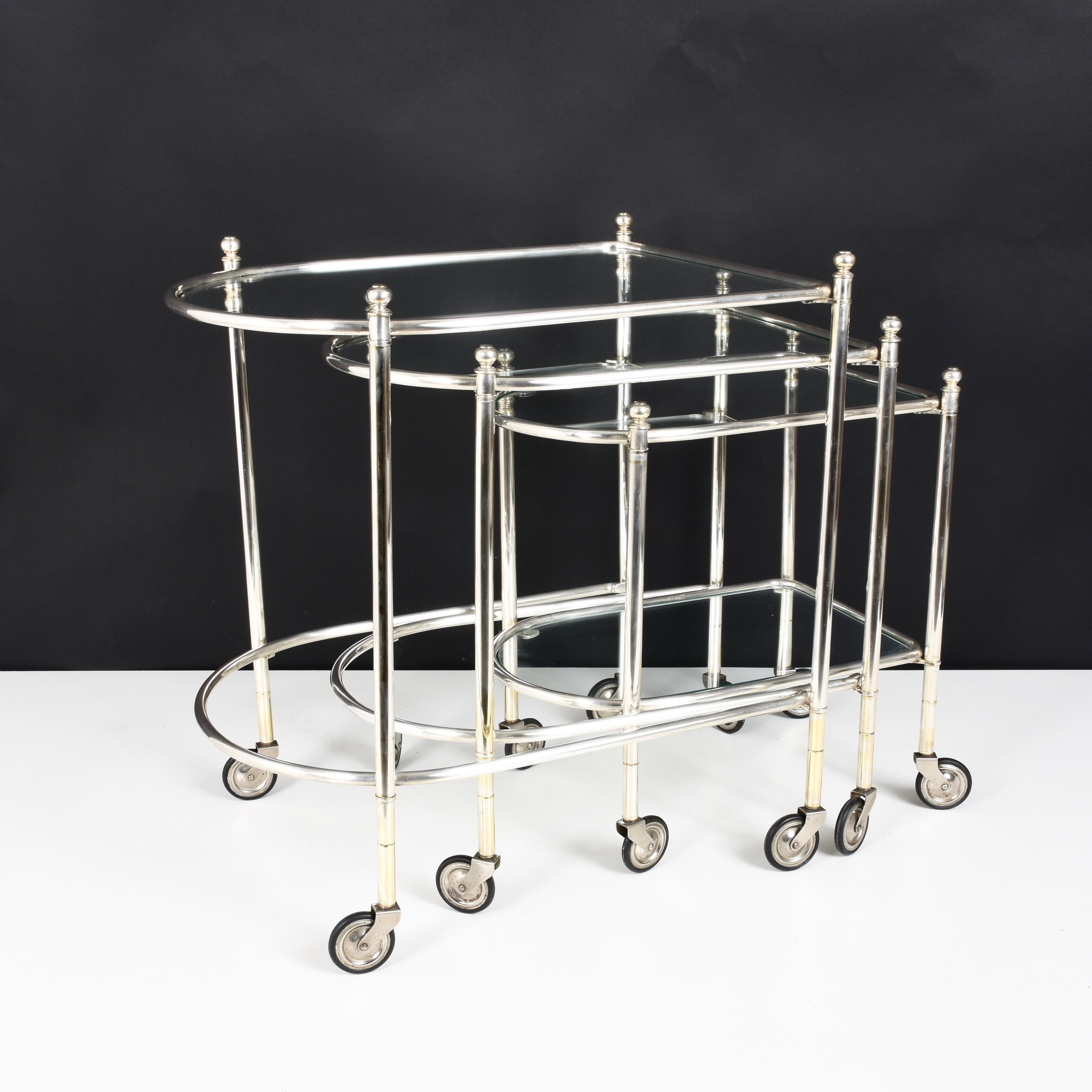 Maison Jansen Silver Plated Brass, Rolling Nesting Tables with Wheels, France For Sale 11