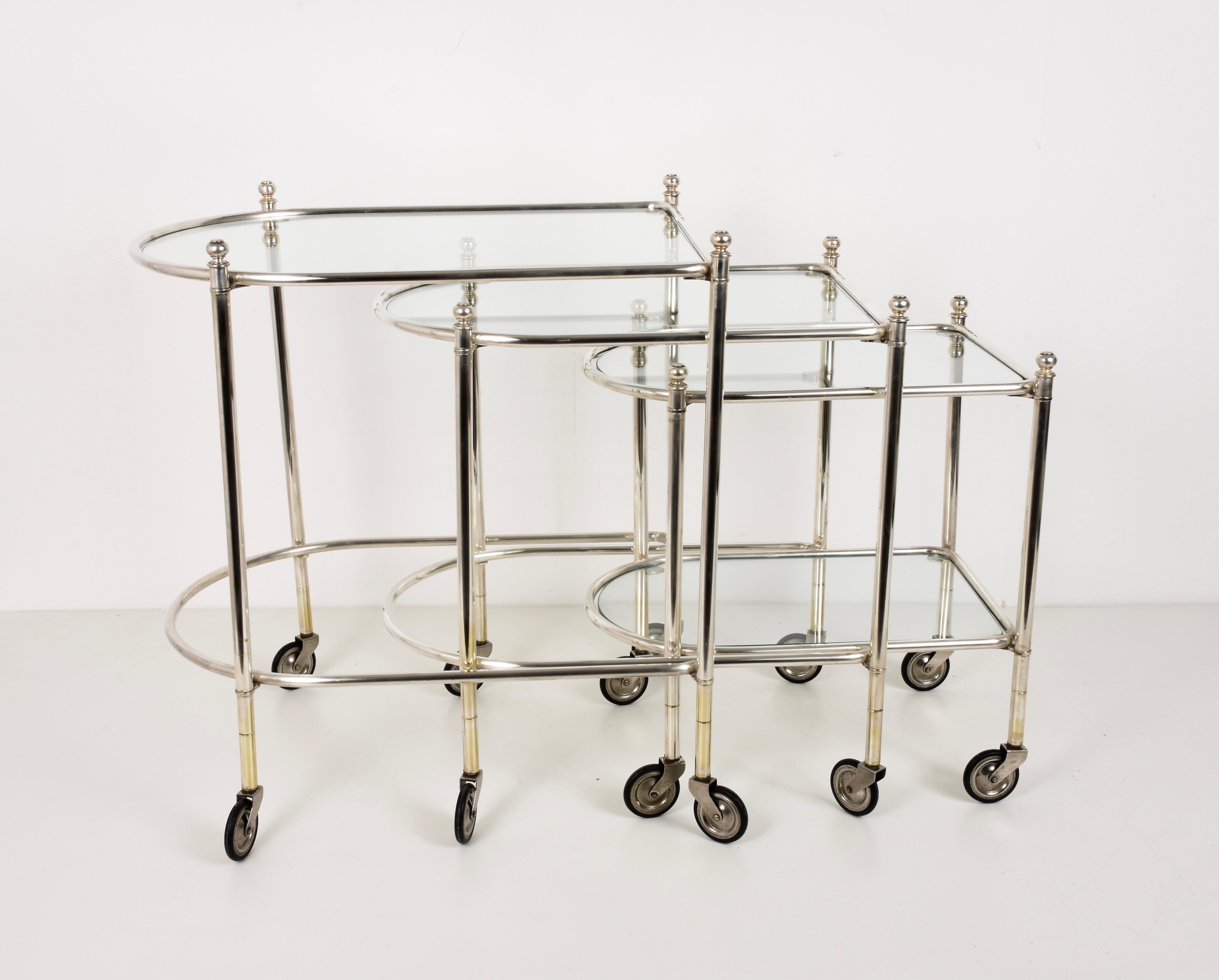 Maison Jansen Silver Plated Brass, Rolling Nesting Tables with Wheels, France For Sale 12