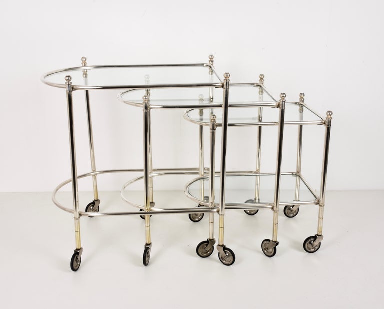 Maison Jansen Silver Plated Brass, Rolling Nesting Tables with Wheels