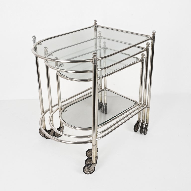 Maison Jansen Silver Plated Brass, Rolling Nesting Tables with Wheels