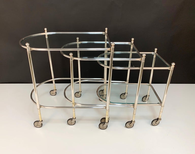 Maison Jansen Silver Plated Brass, Rolling Nesting Tables with Wheels