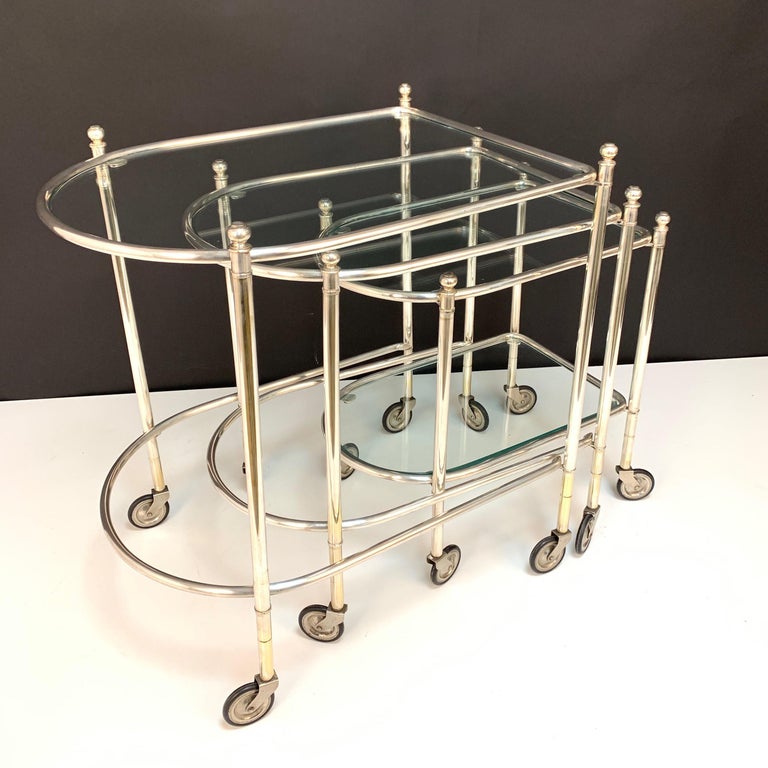 Maison Jansen Silver Plated Brass, Rolling Nesting Tables with Wheels