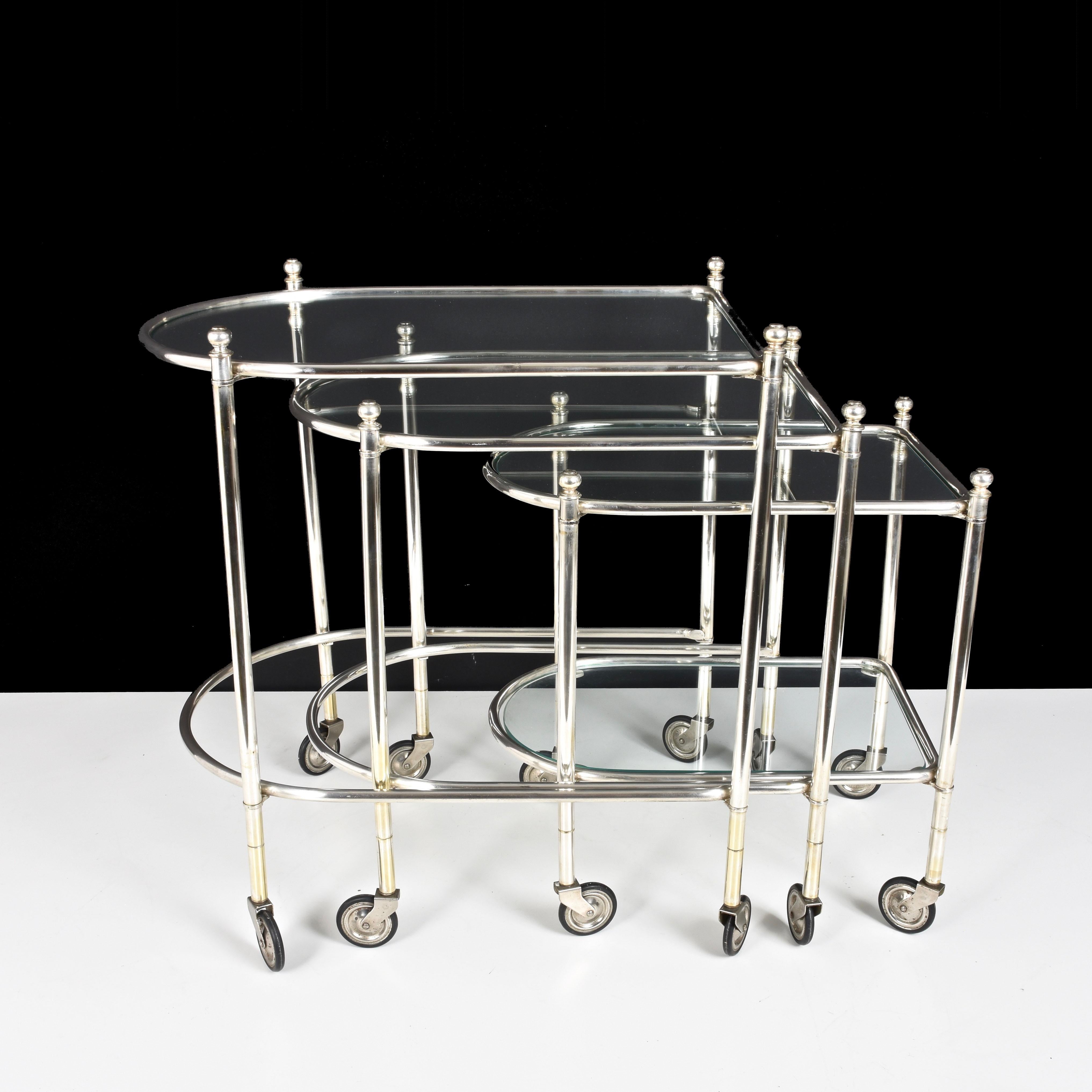 Mid-20th Century Maison Jansen Silver Plated Brass, Rolling Nesting Tables with Wheels, France For Sale