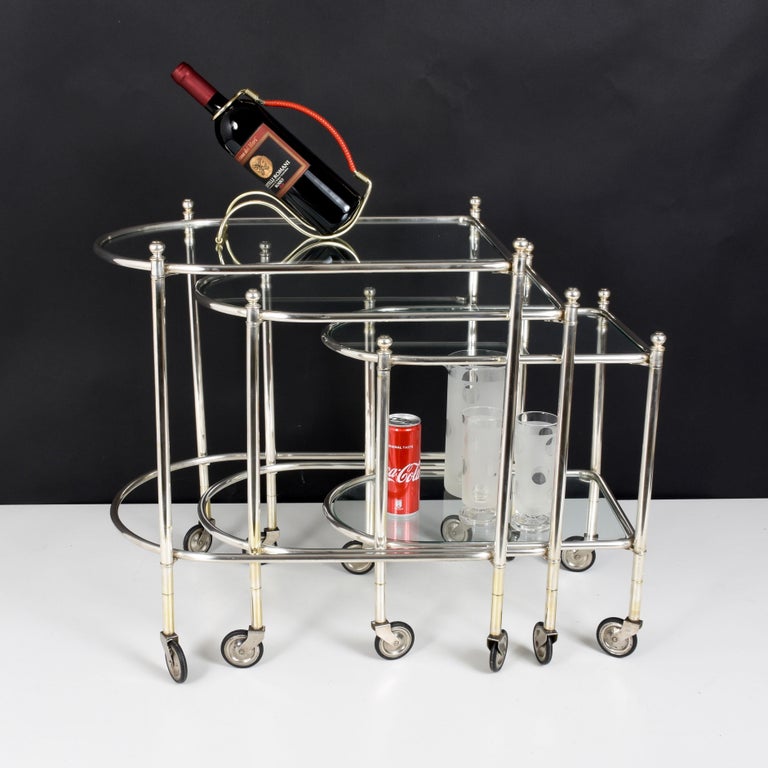 Maison Jansen Silver Plated Brass, Rolling Nesting Tables with Wheels