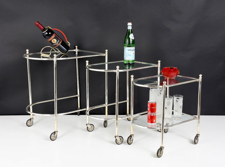 Maison Jansen Silver Plated Brass, Rolling Nesting Tables with Wheels
