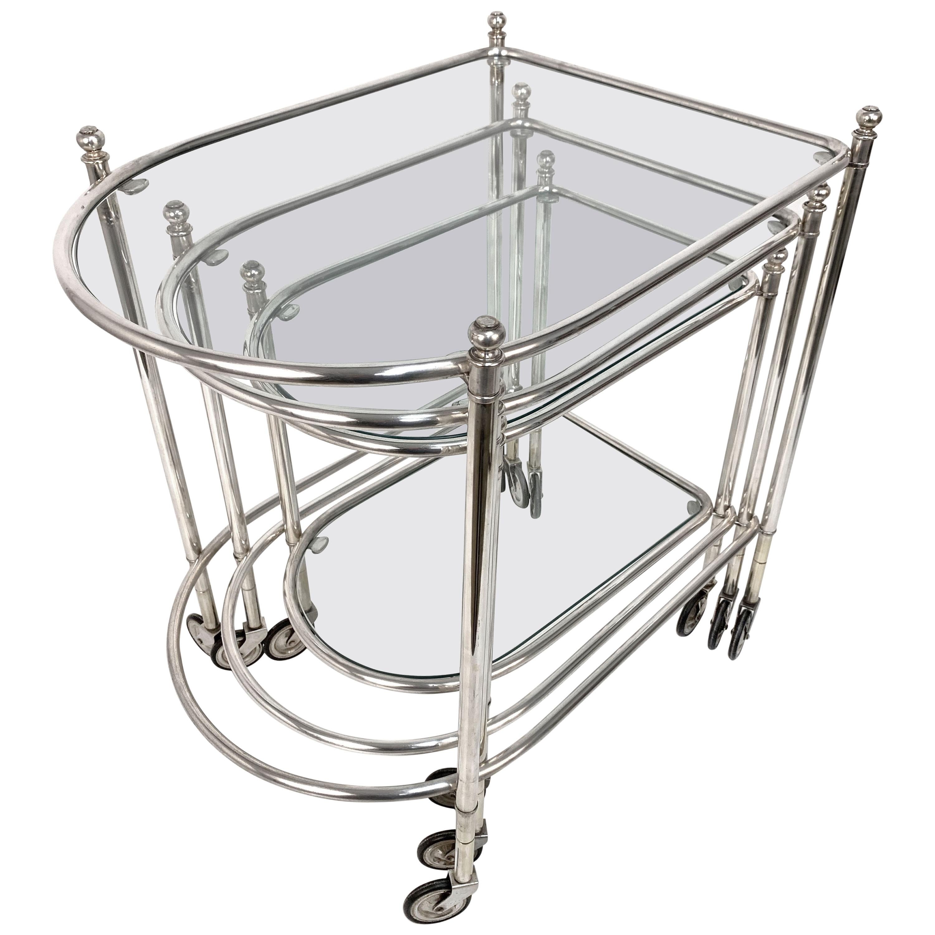 Maison Jansen Silver Plated Brass, Rolling Nesting Tables with Wheels, France