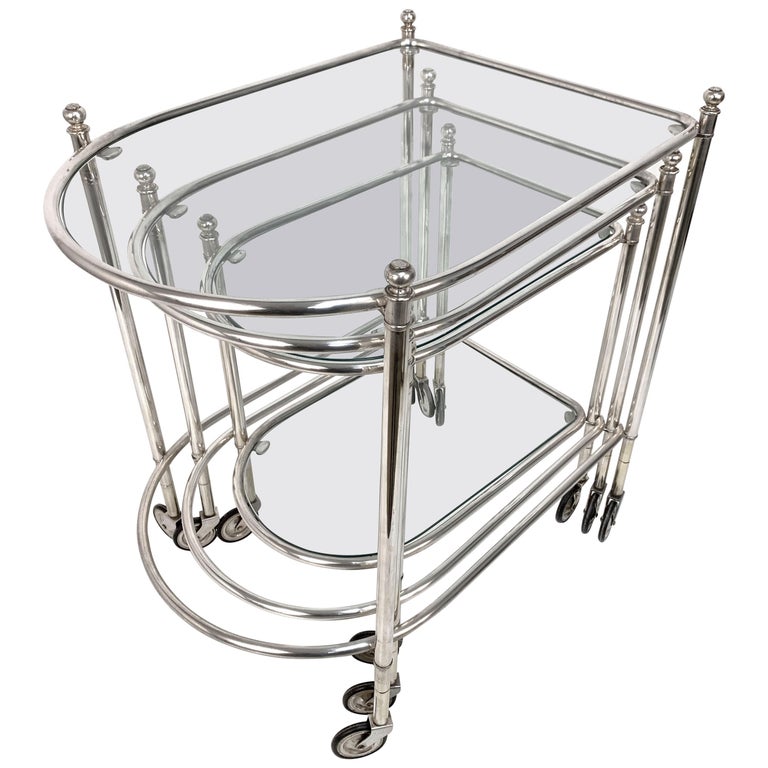 Maison Jansen Silver Plated Brass, Rolling Nesting Tables with Wheels