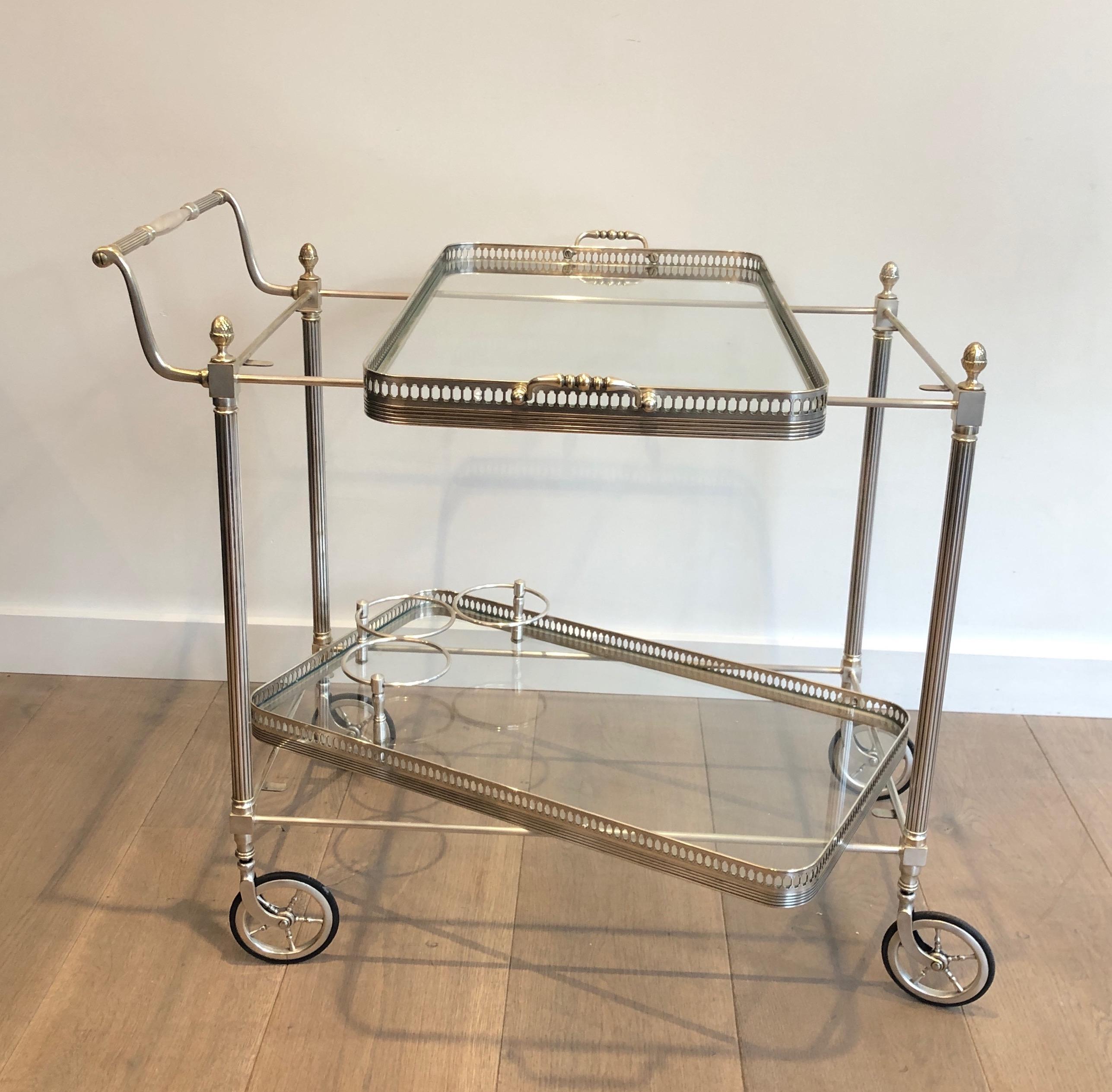 Neoclassical Maison Jansen Silvered on Brass Drinks Trolley with Removable Tray