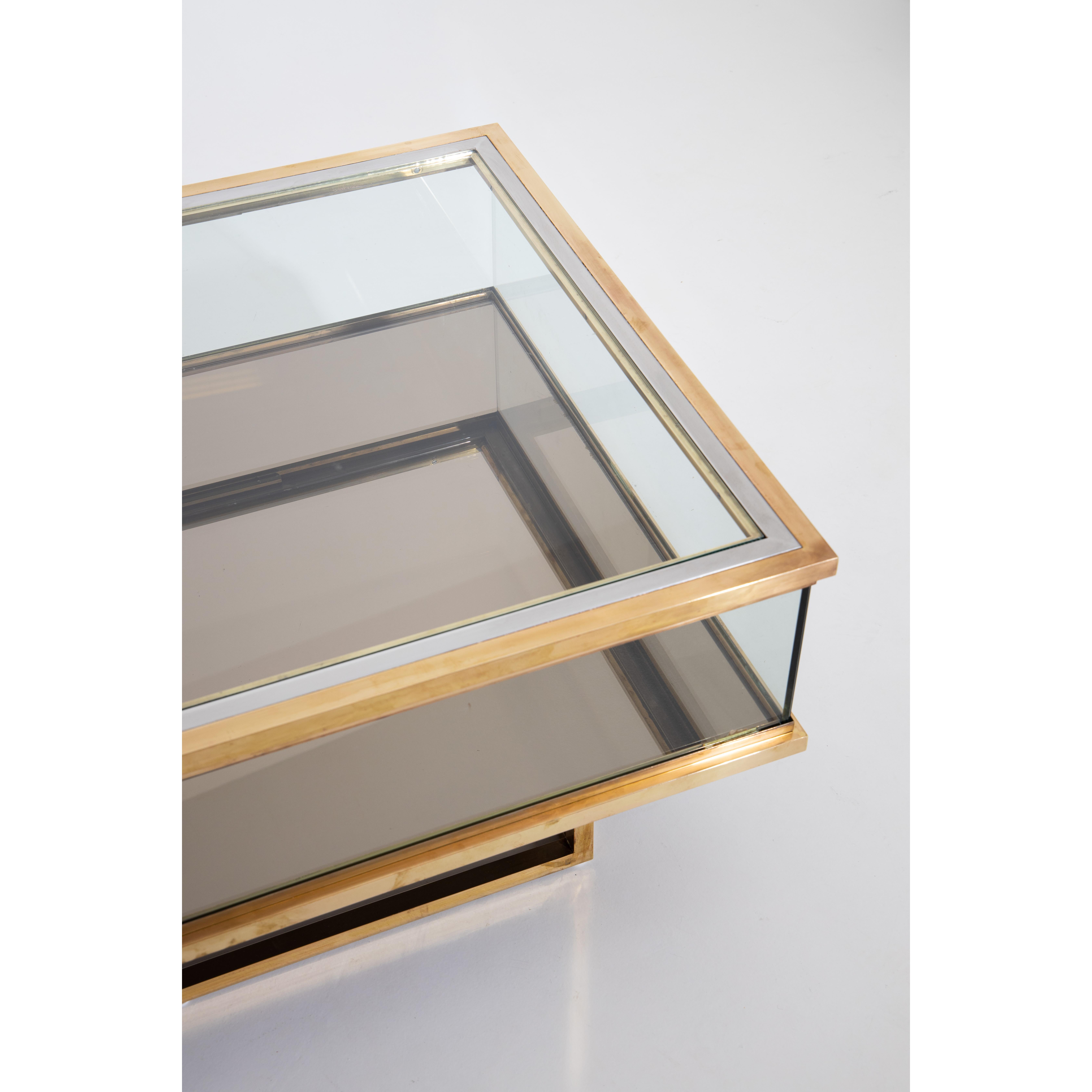 French Maison Jansen, Sliding Coffee Table, Brass and Glass, France, 1970s