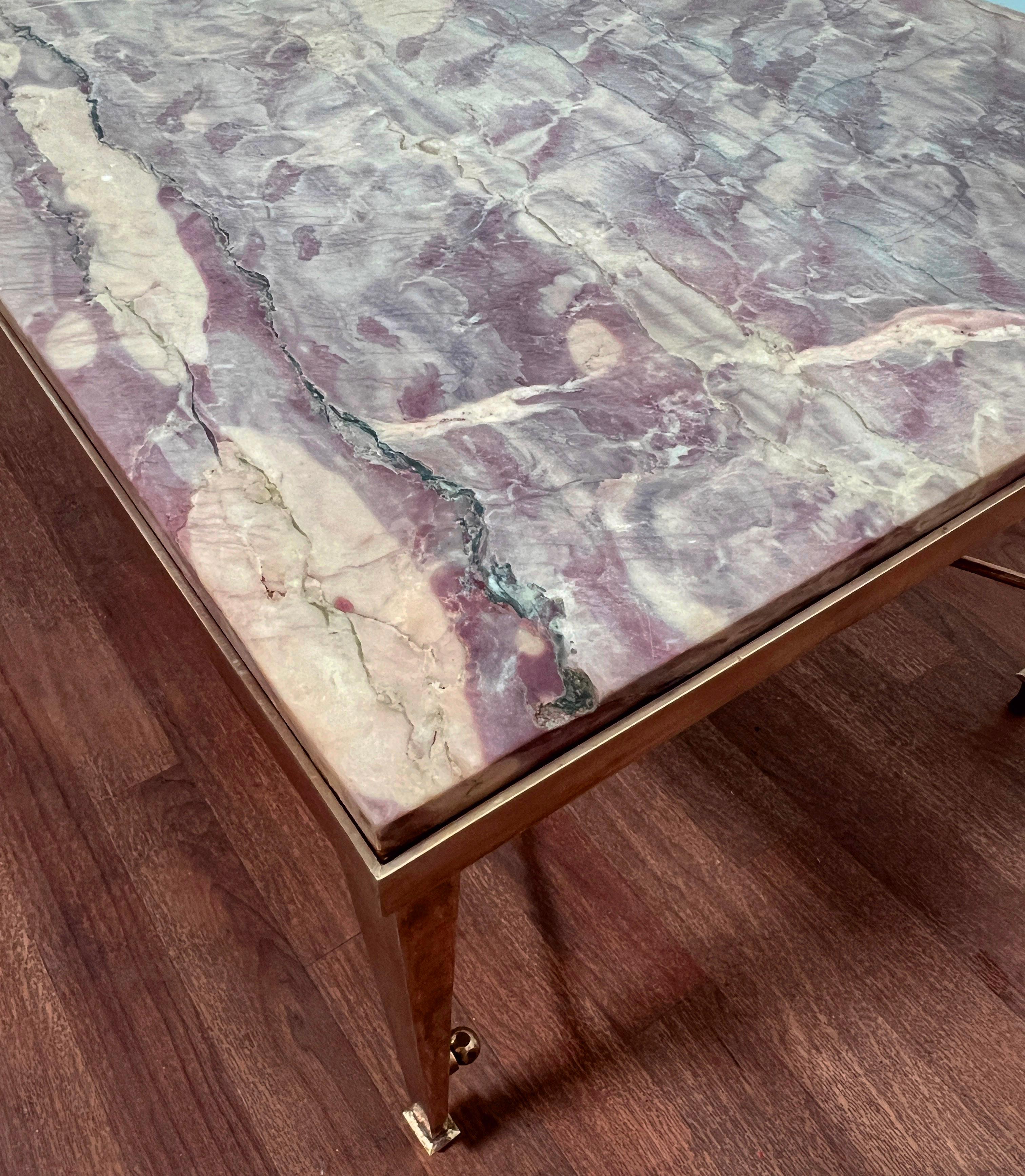 Maison Jansen Solid Brass Coffee Table With Lavender Marble Top, C. 1950s For Sale 5