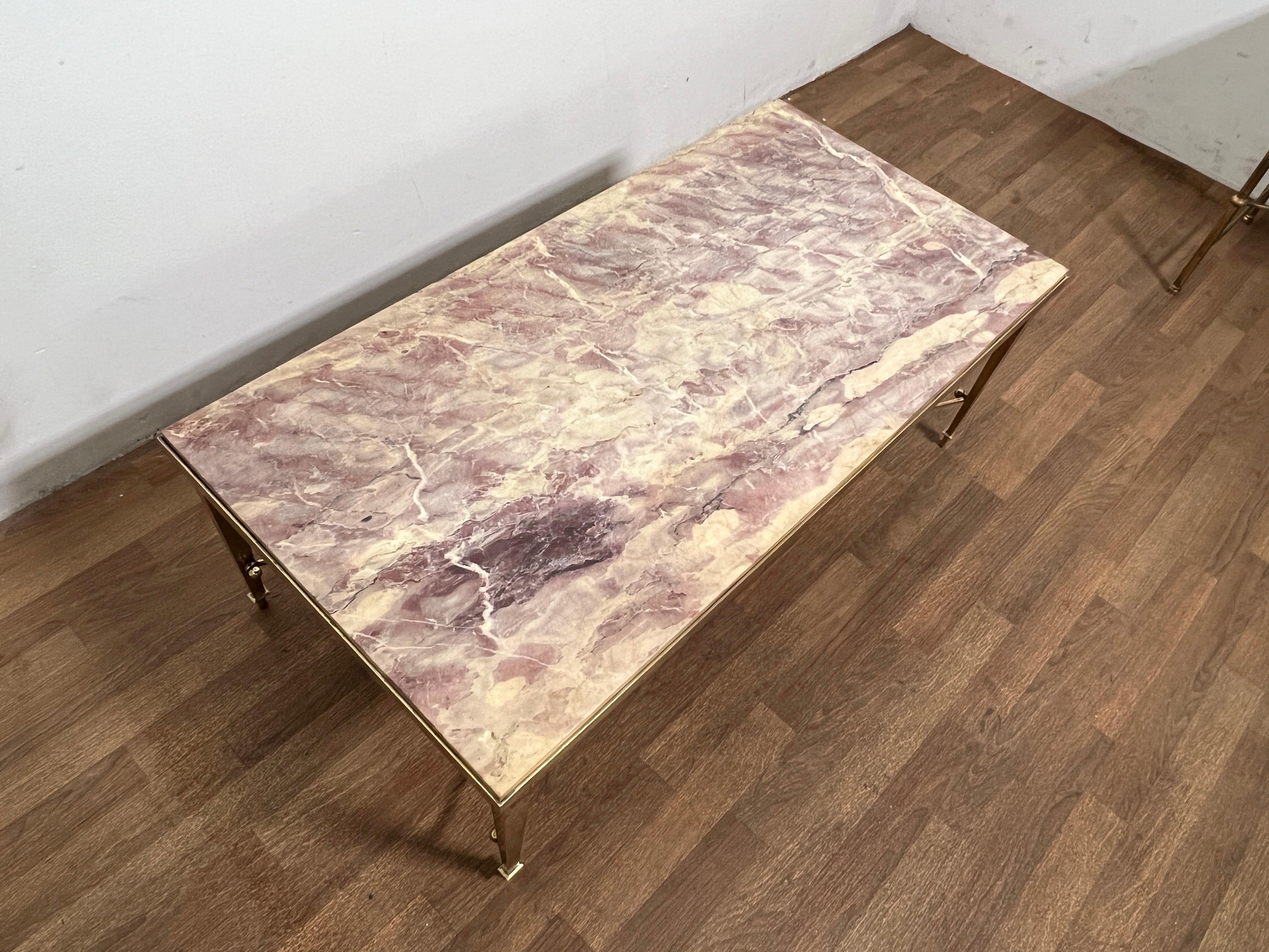 Hollywood Regency Maison Jansen Solid Brass Coffee Table With Lavender Marble Top, C. 1950s For Sale