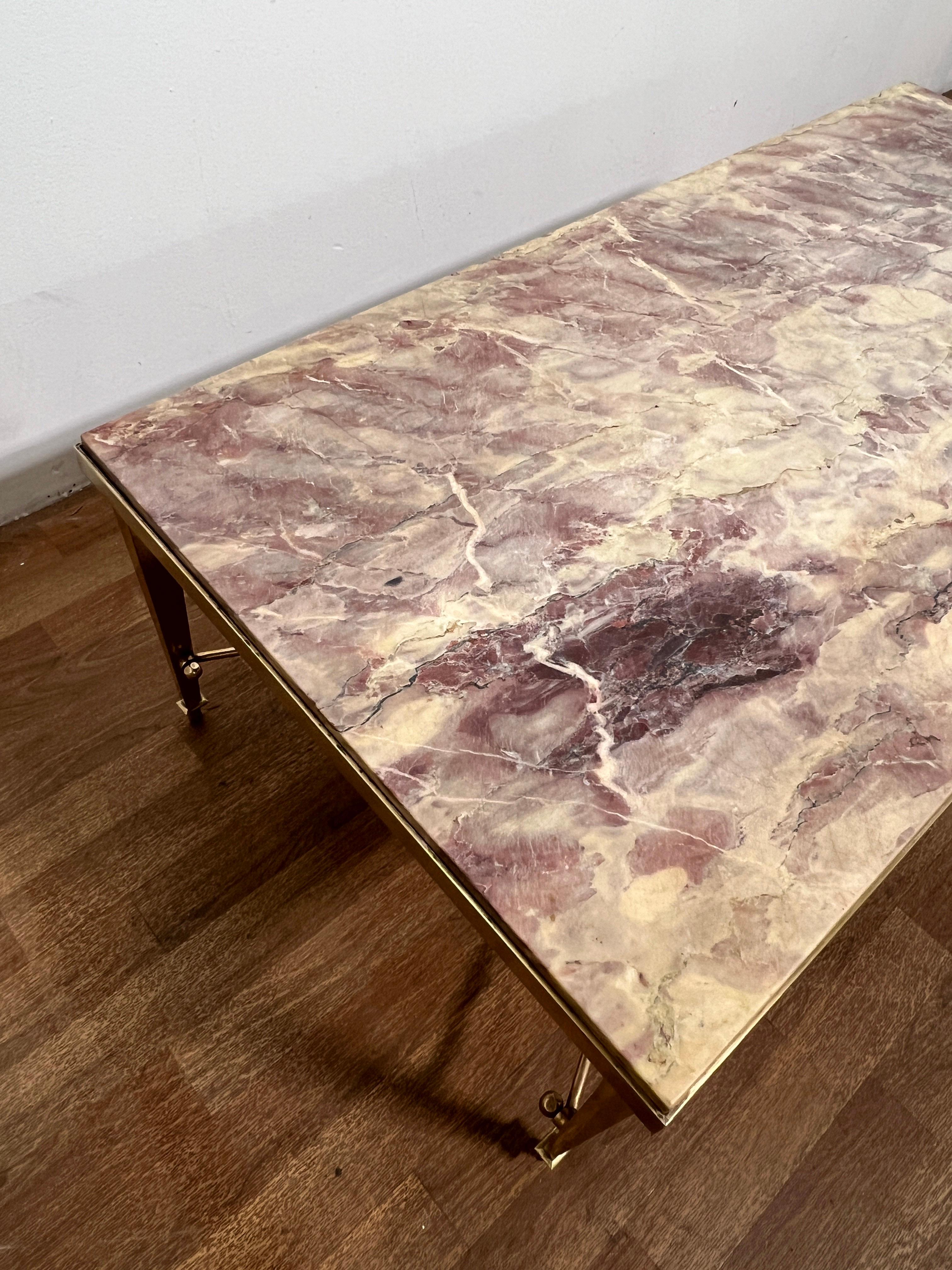 Unknown Maison Jansen Solid Brass Coffee Table With Lavender Marble Top, C. 1950s For Sale