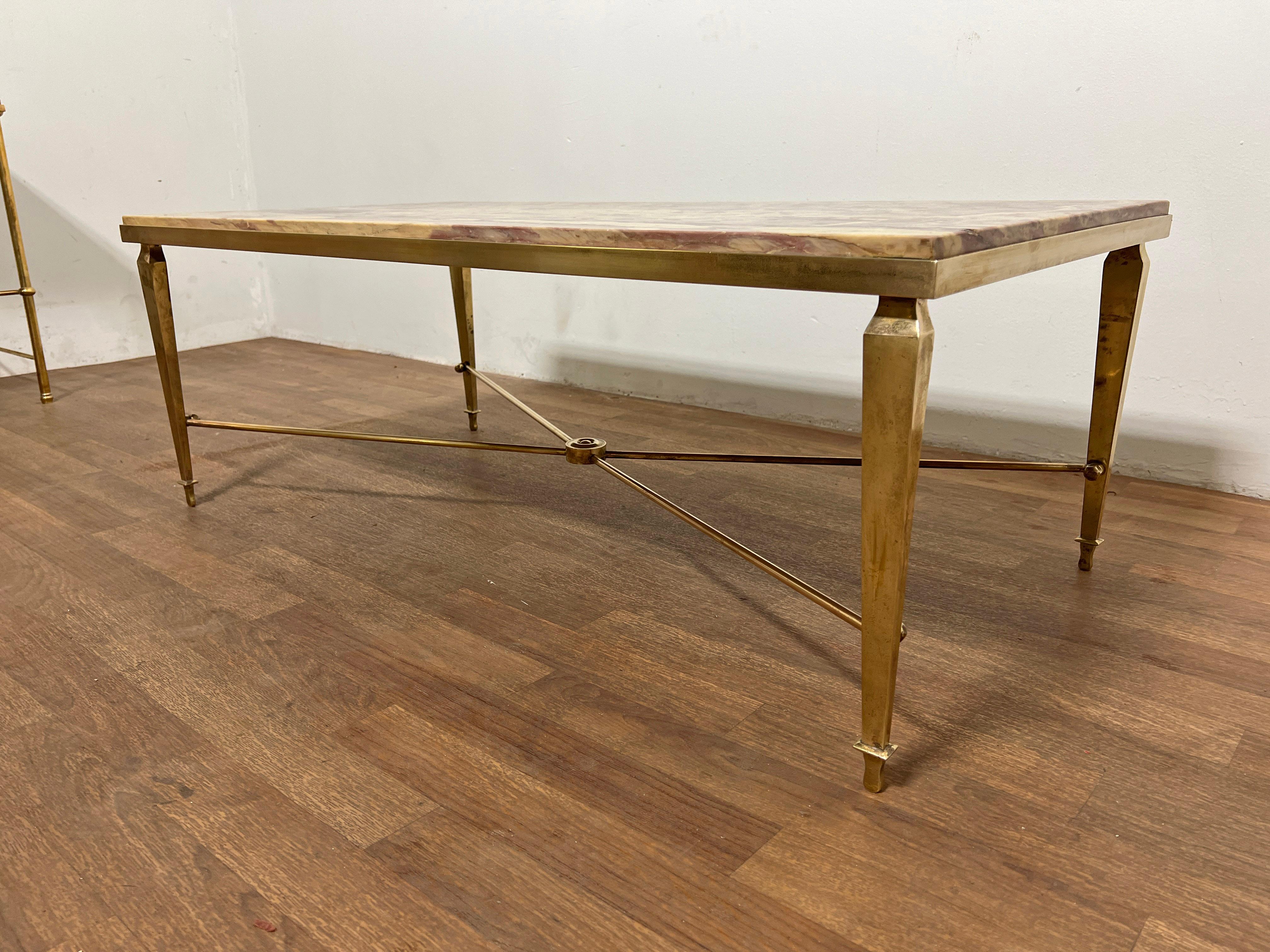 Mid-20th Century Maison Jansen Solid Brass Coffee Table With Lavender Marble Top, C. 1950s For Sale