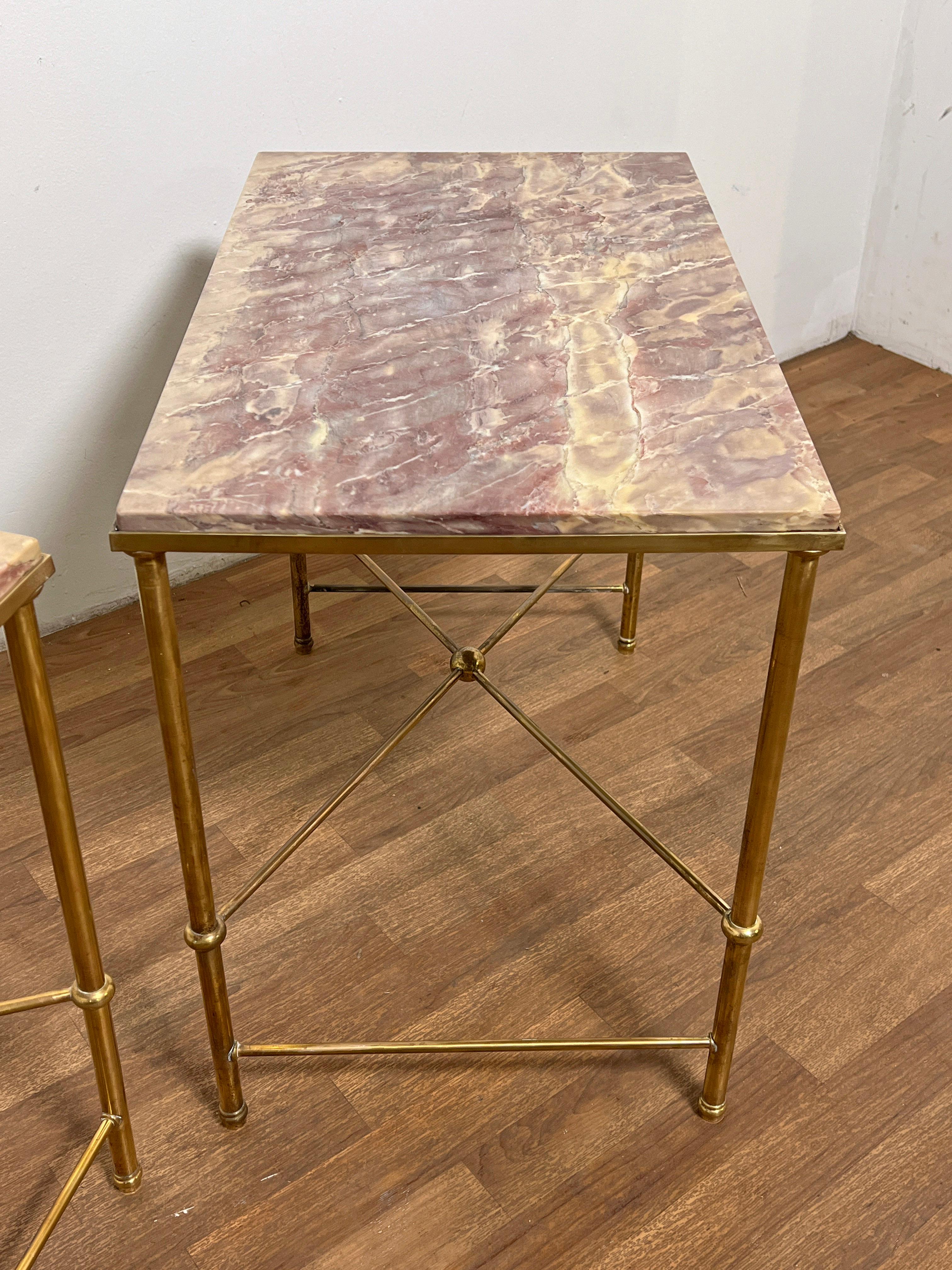 Hollywood Regency Maison Jansen Solid Brass Side Tables With Lavender Marble Top, C. 1950s