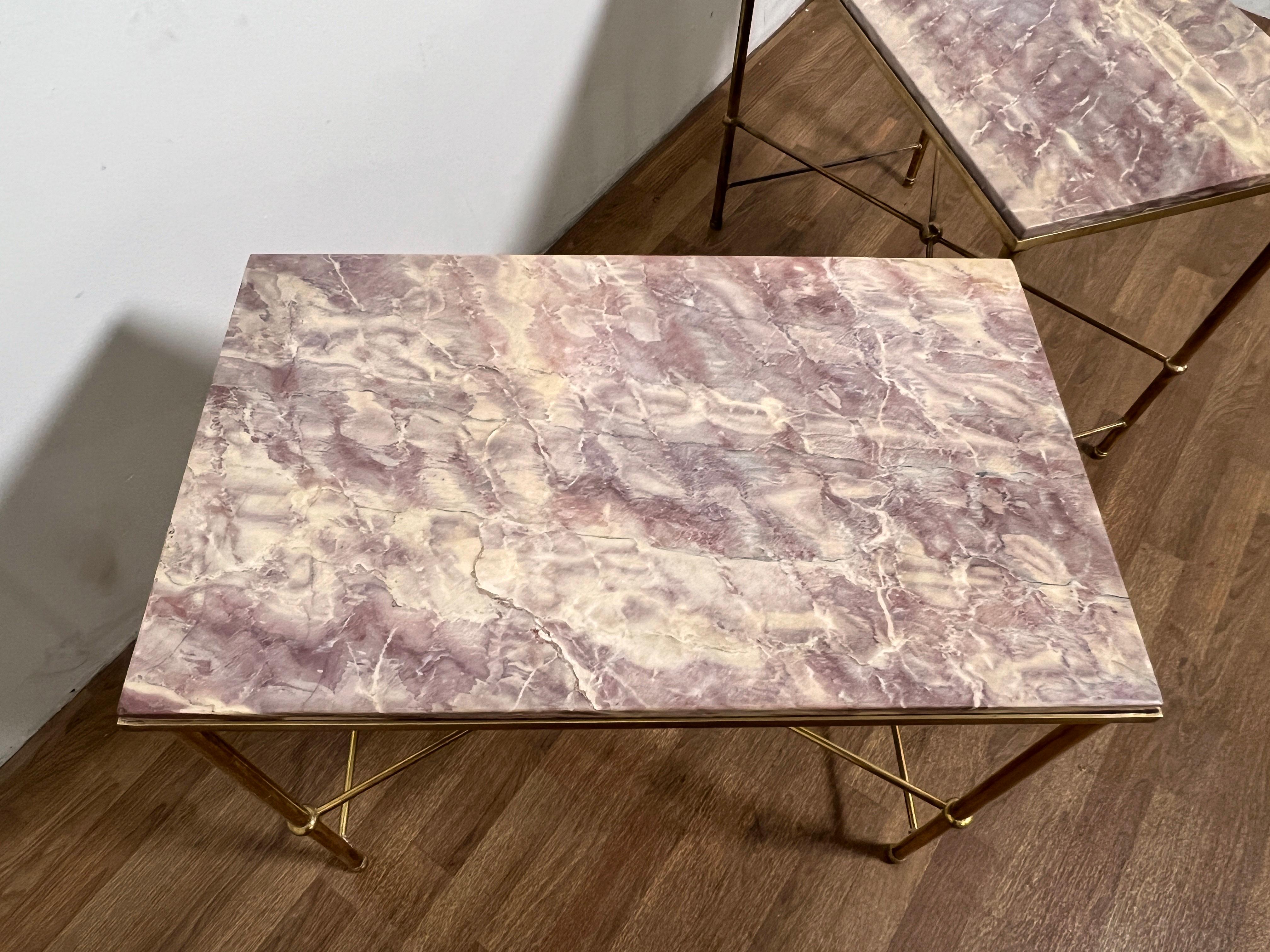 Maison Jansen Solid Brass Side Tables With Lavender Marble Top, C. 1950s In Good Condition In Peabody, MA