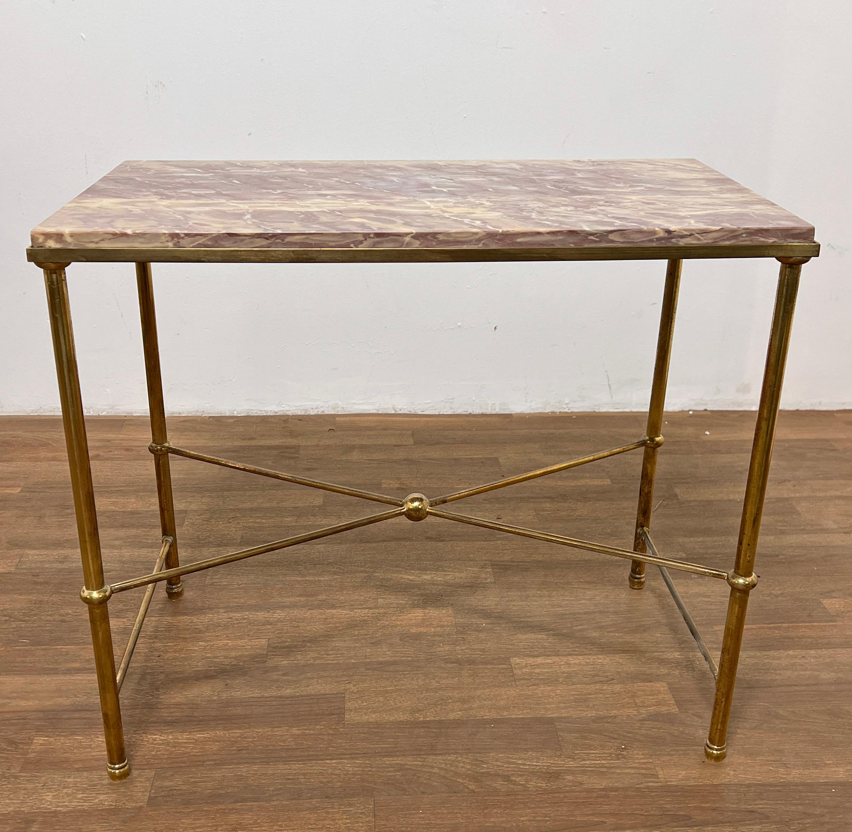 Mid-20th Century Maison Jansen Solid Brass Side Tables With Lavender Marble Top, C. 1950s