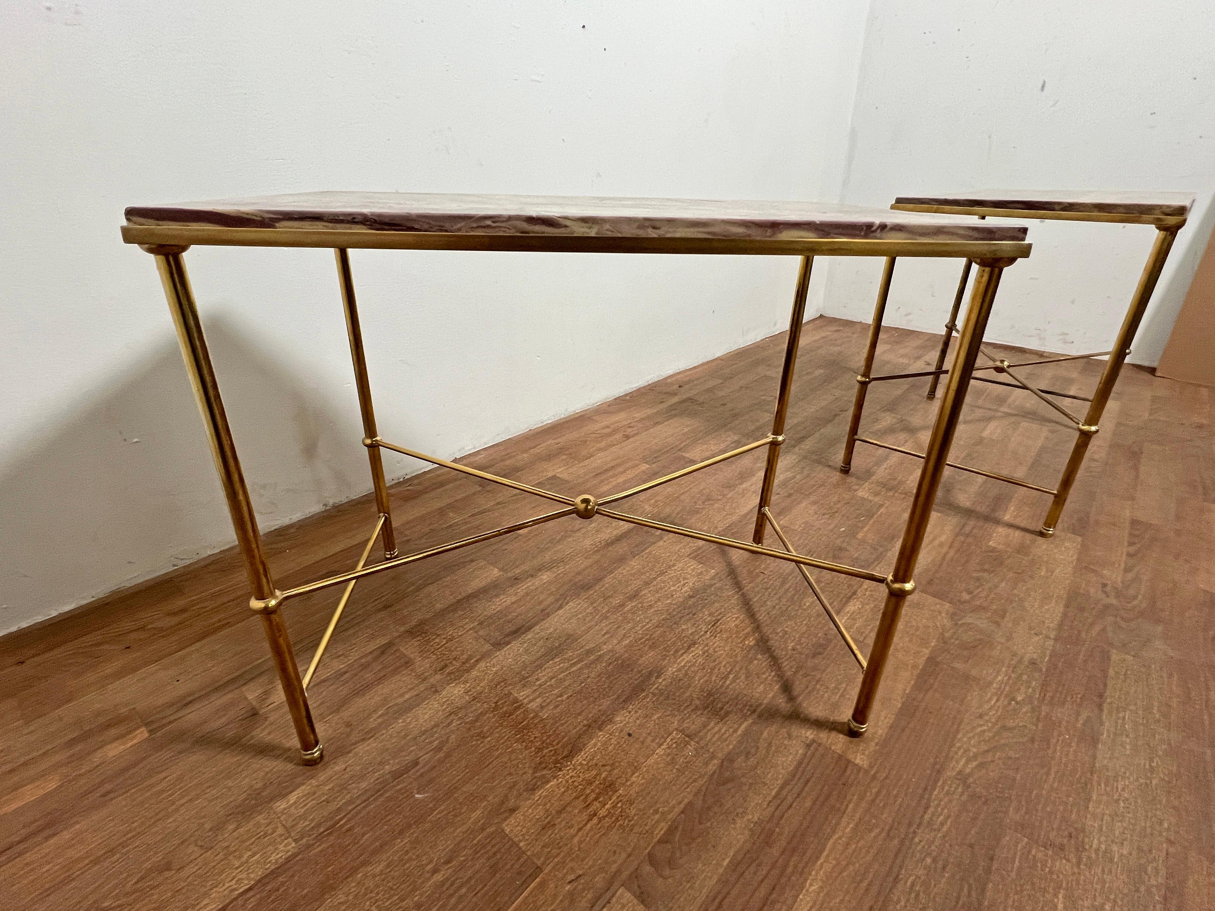 Maison Jansen Solid Brass Side Tables With Lavender Marble Top, C. 1950s 1