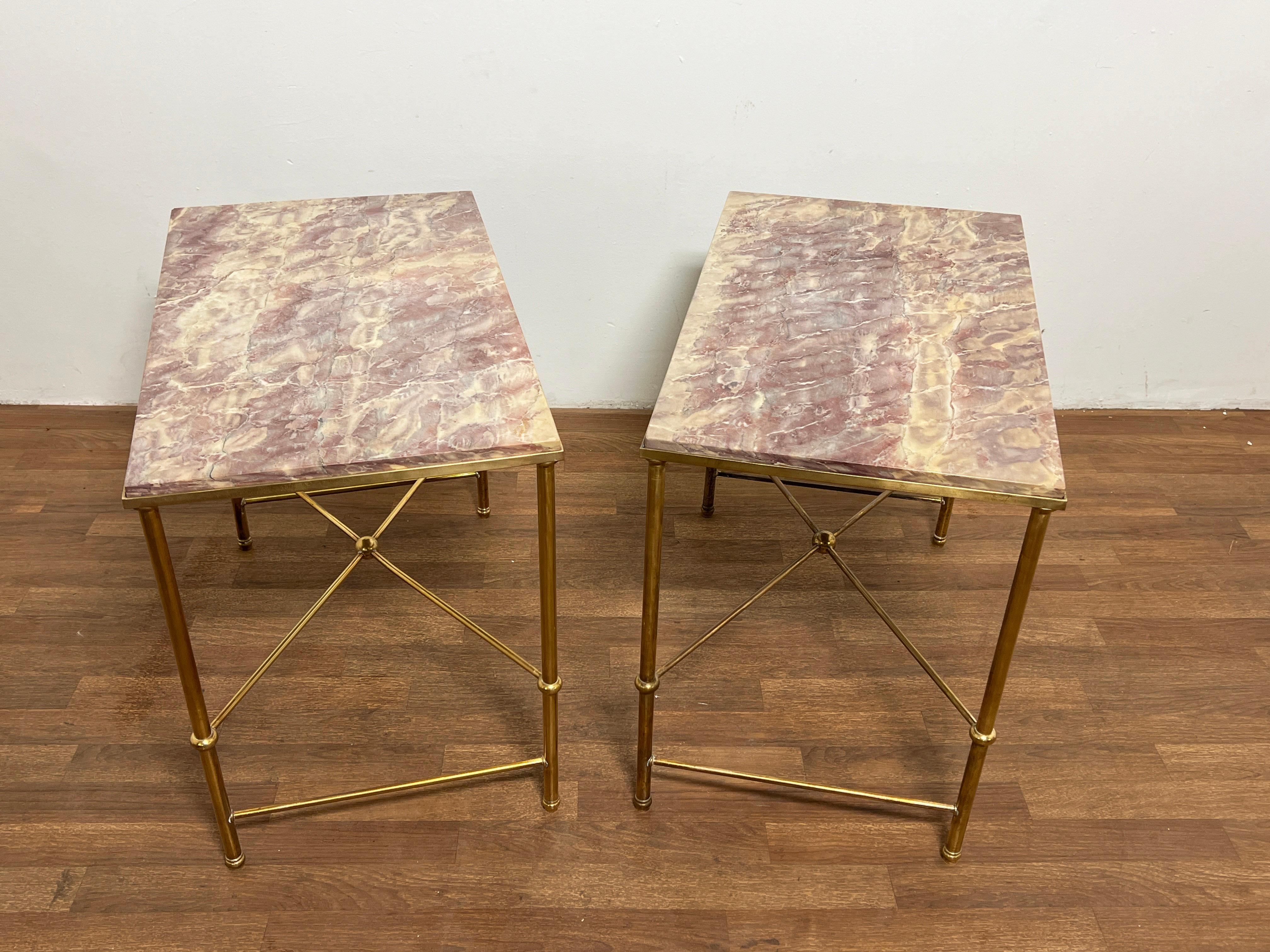 Maison Jansen Solid Brass Side Tables With Lavender Marble Top, C. 1950s 2