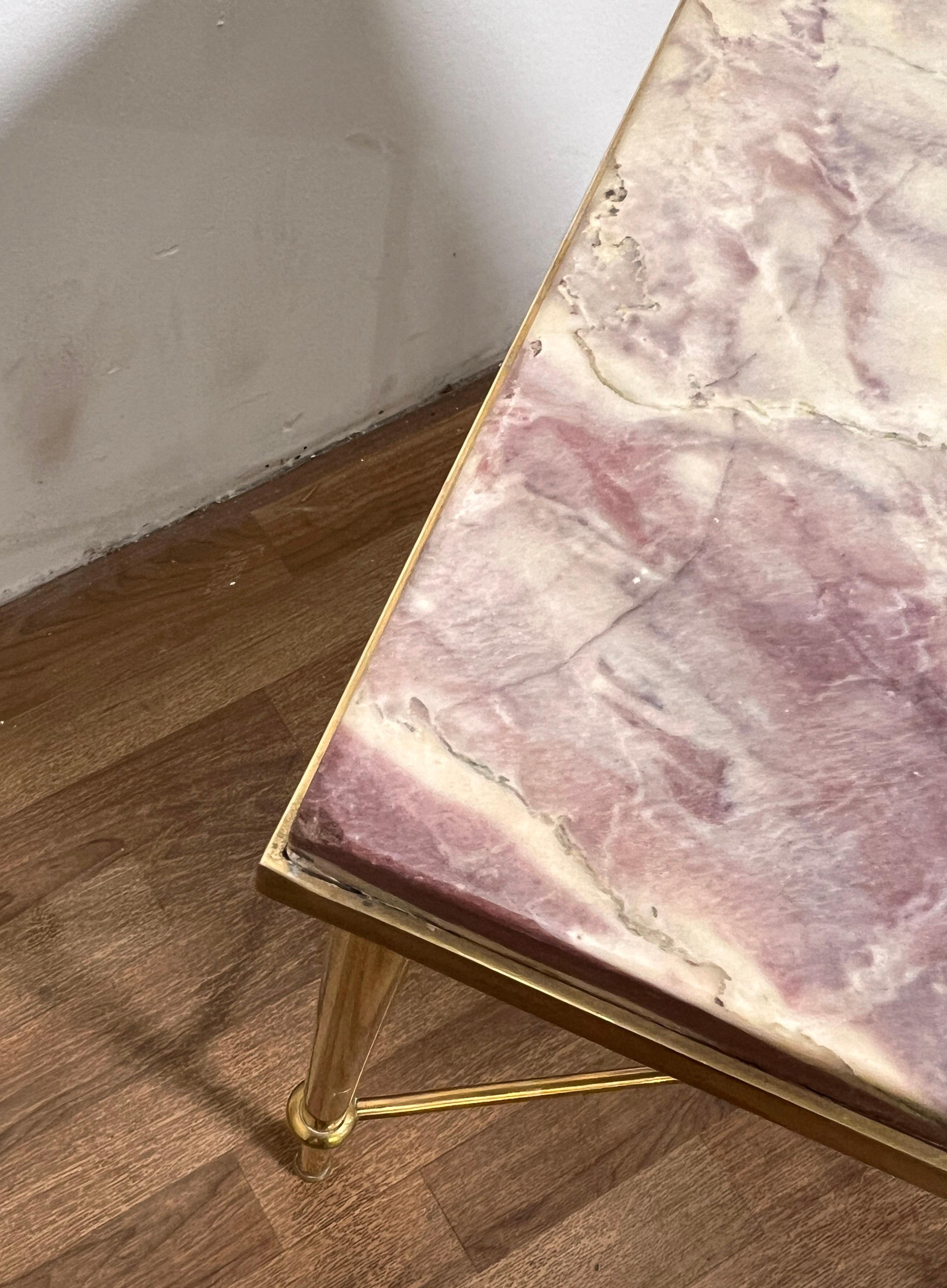 Maison Jansen Solid Brass Side Tables With Lavender Marble Top, C. 1950s 3