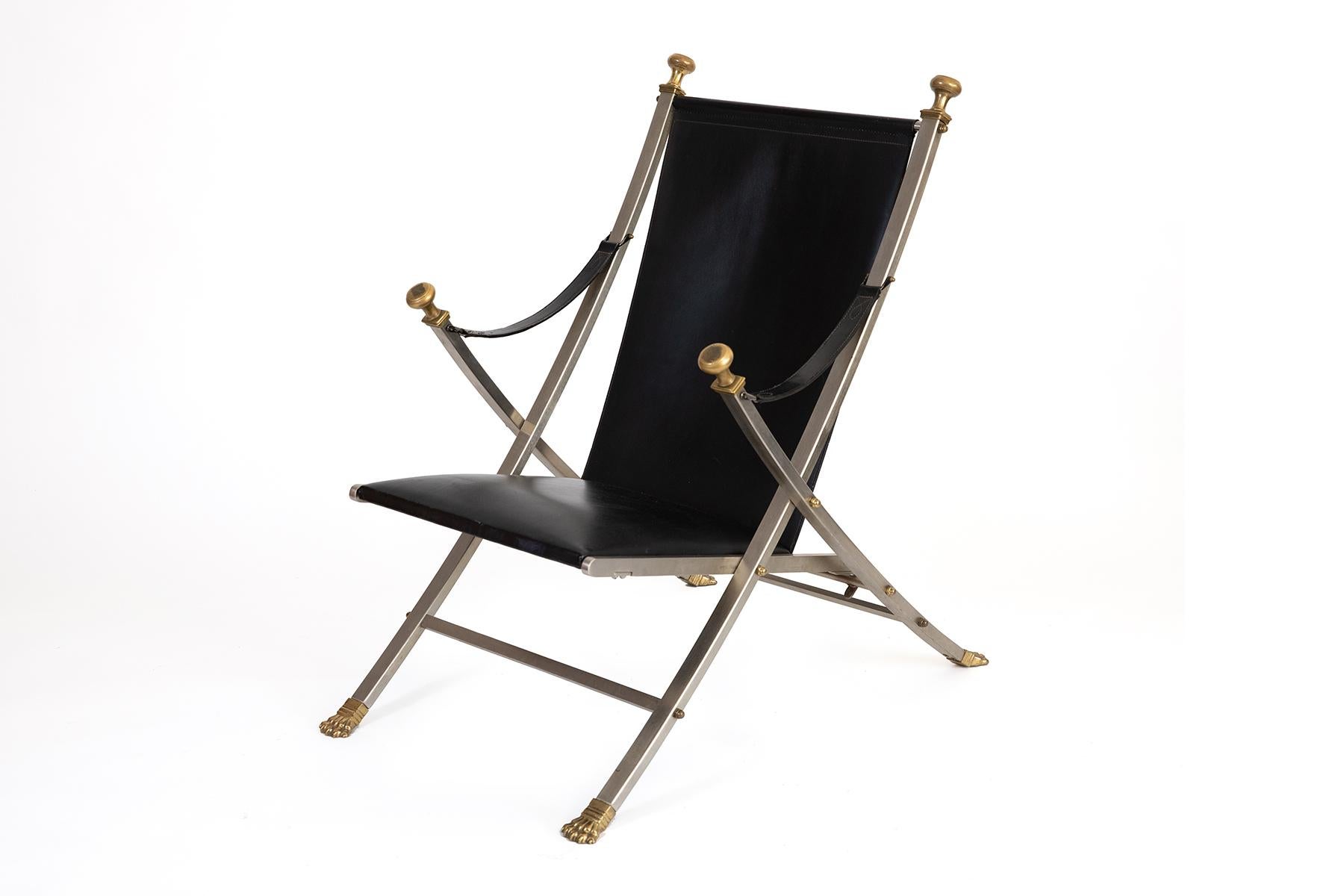 Maison Jansen stainless brass and leather lounge chair circa 1970. This all original example seamlessly combines midcentury flare with Art Nouveau beauty.